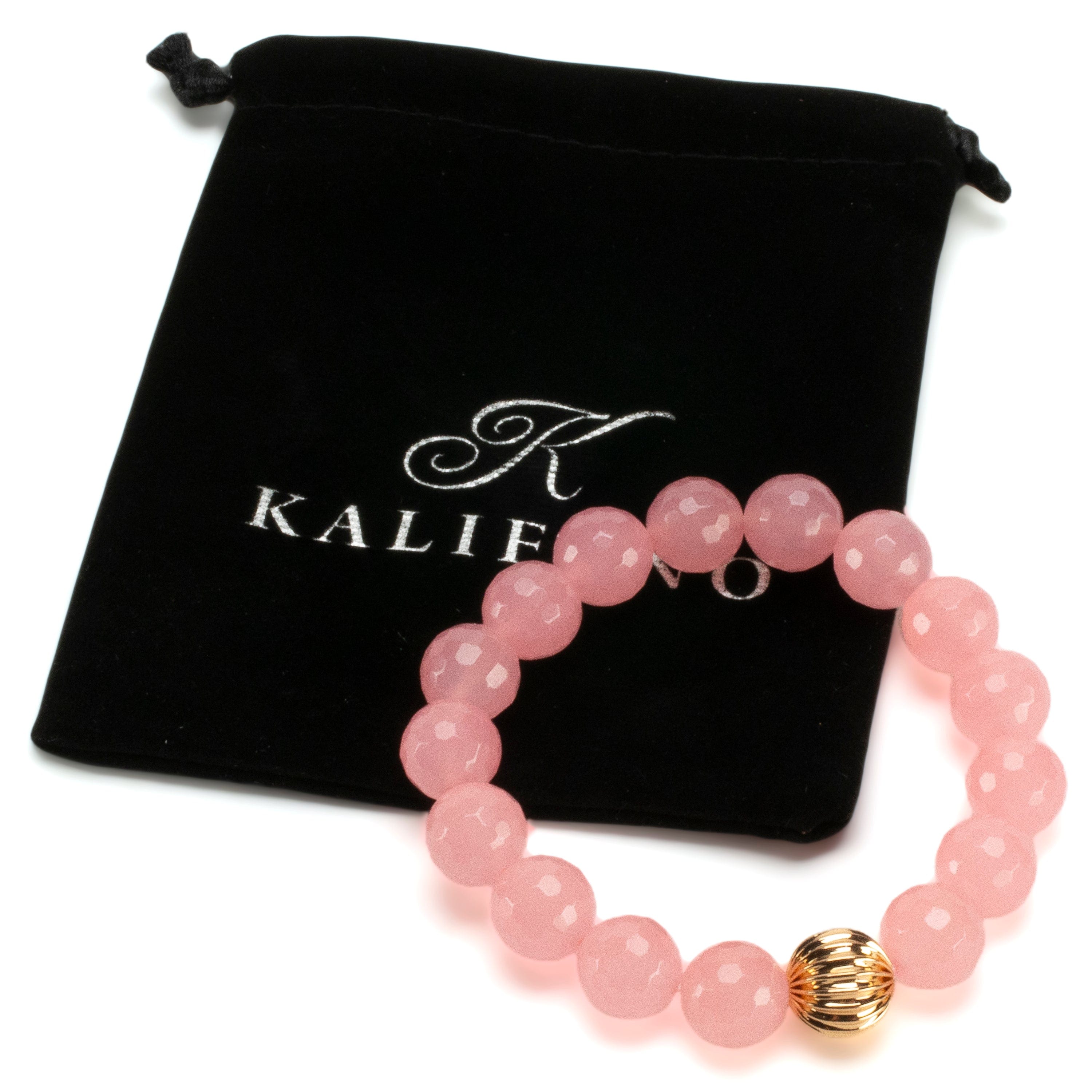 Kalifano Gemstone Bracelets Faceted Rose Quartz 12mm Gemstone Bead Elastic Bracelet with Gold Accent Bead GOLD-BGP-083
