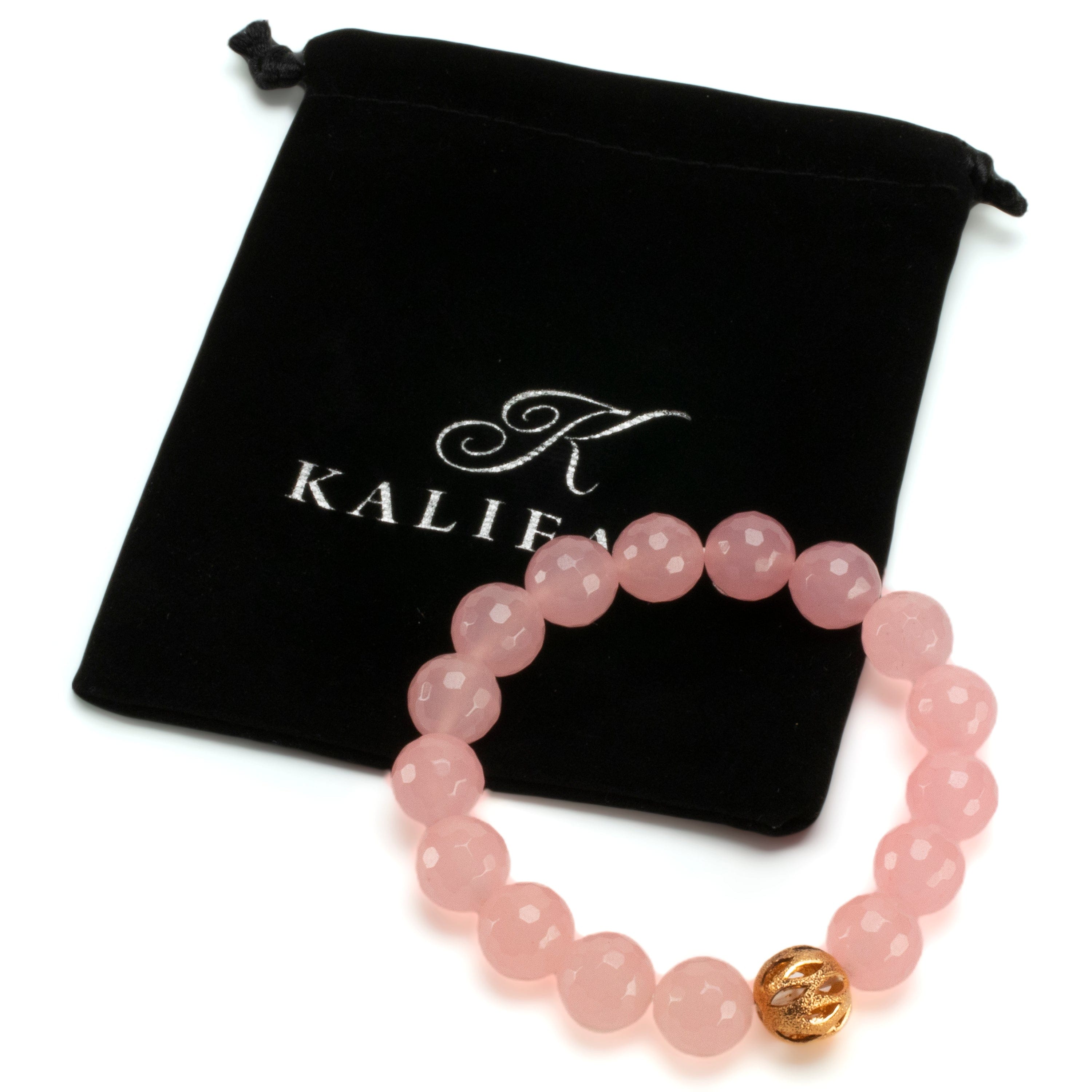 Kalifano Gemstone Bracelets Faceted Rose Quartz 12mm Gemstone Bead Elastic Bracelet with Gold Accent Bead GOLD-BGP-085