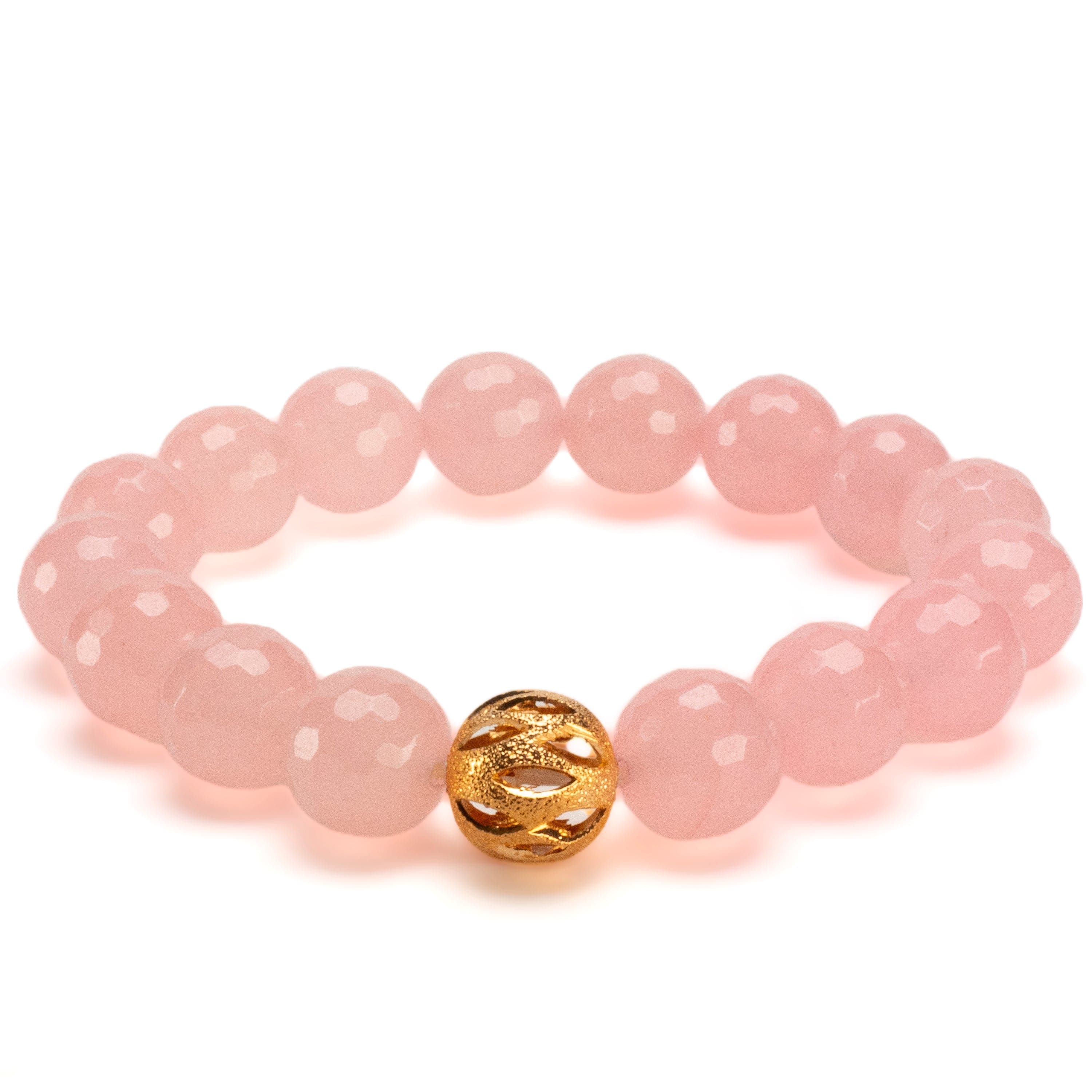 Kalifano Gemstone Bracelets Faceted Rose Quartz 12mm Gemstone Bead Elastic Bracelet with Gold Accent Bead GOLD-BGP-085