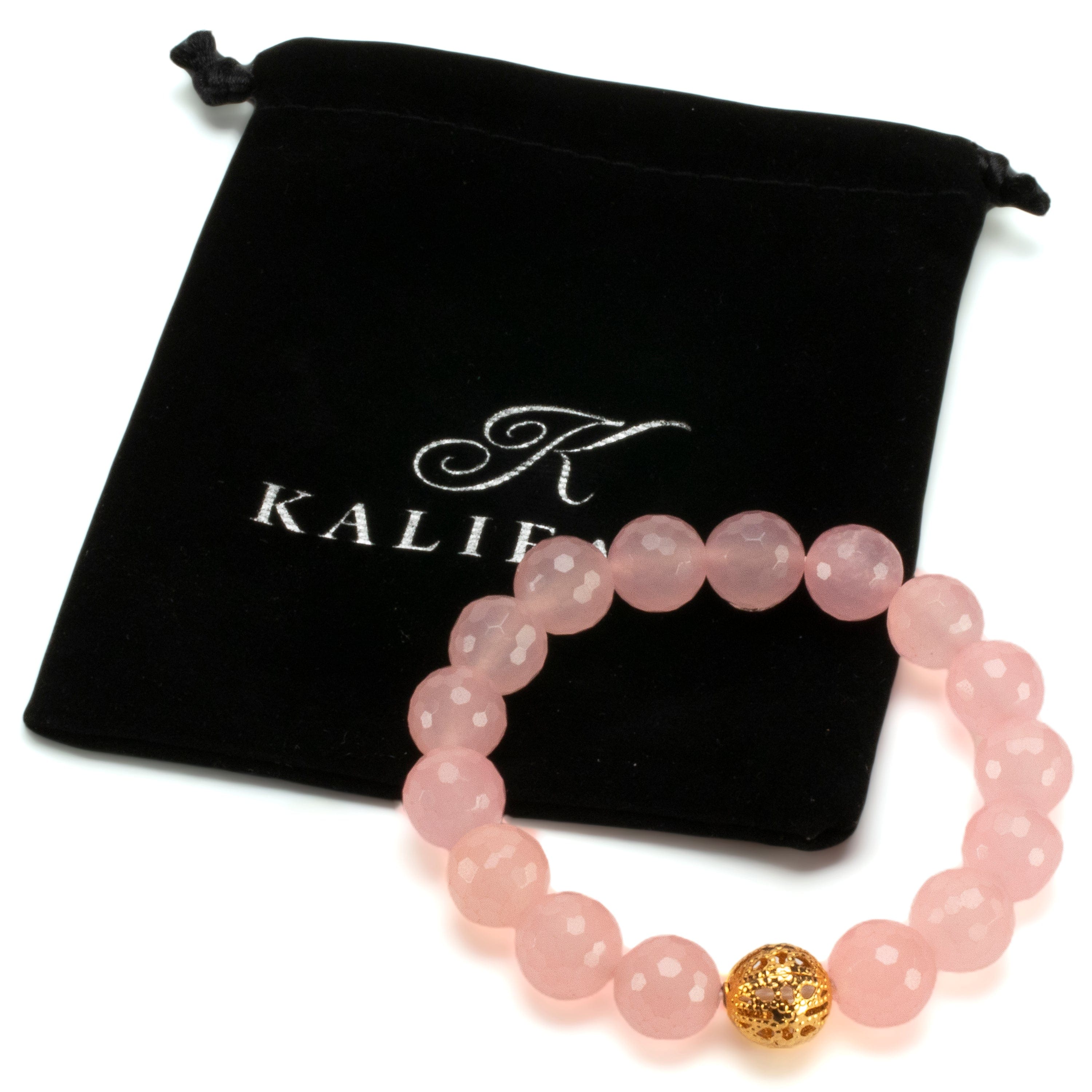 Kalifano Gemstone Bracelets Faceted Rose Quartz 12mm Gemstone Bead Elastic Bracelet with Gold Accent Bead GOLD-BGP-087