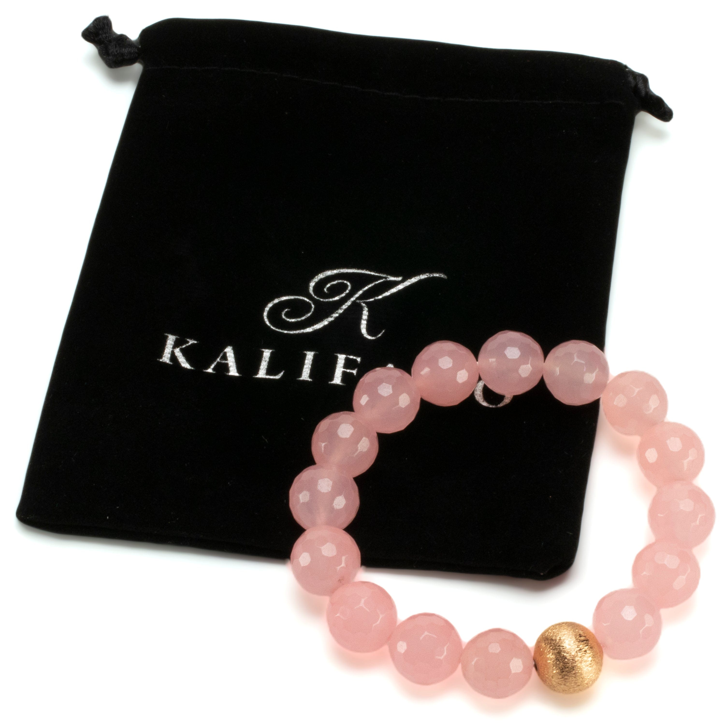 Kalifano Gemstone Bracelets Faceted Rose Quartz 12mm Gemstone Bead Elastic Bracelet with Matte Gold Accent Bead GOLD-BGP-089