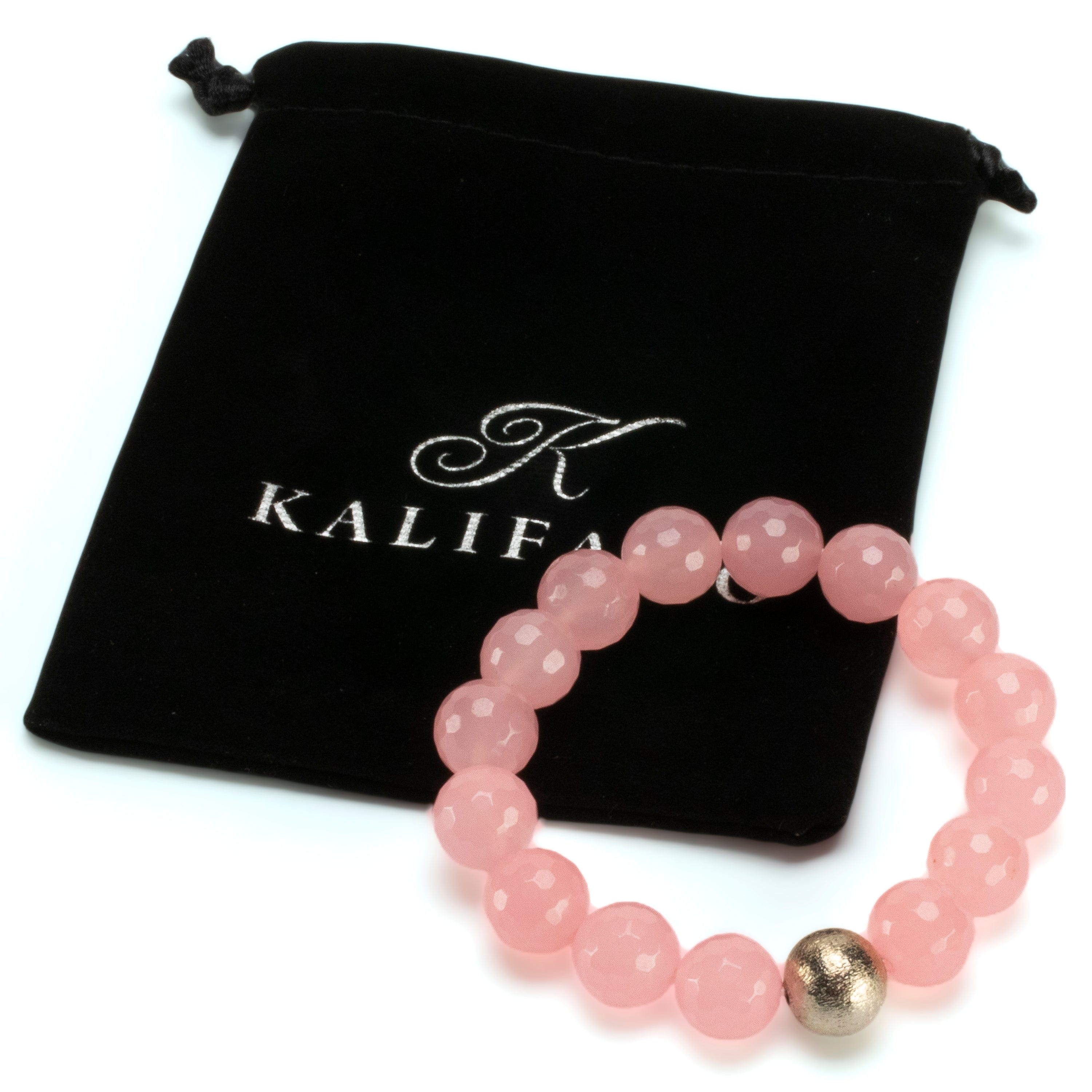Kalifano Gemstone Bracelets Faceted Rose Quartz 12mm Gemstone Bead Elastic Bracelet with Matte Silver Accent Bead GOLD-BGP-090