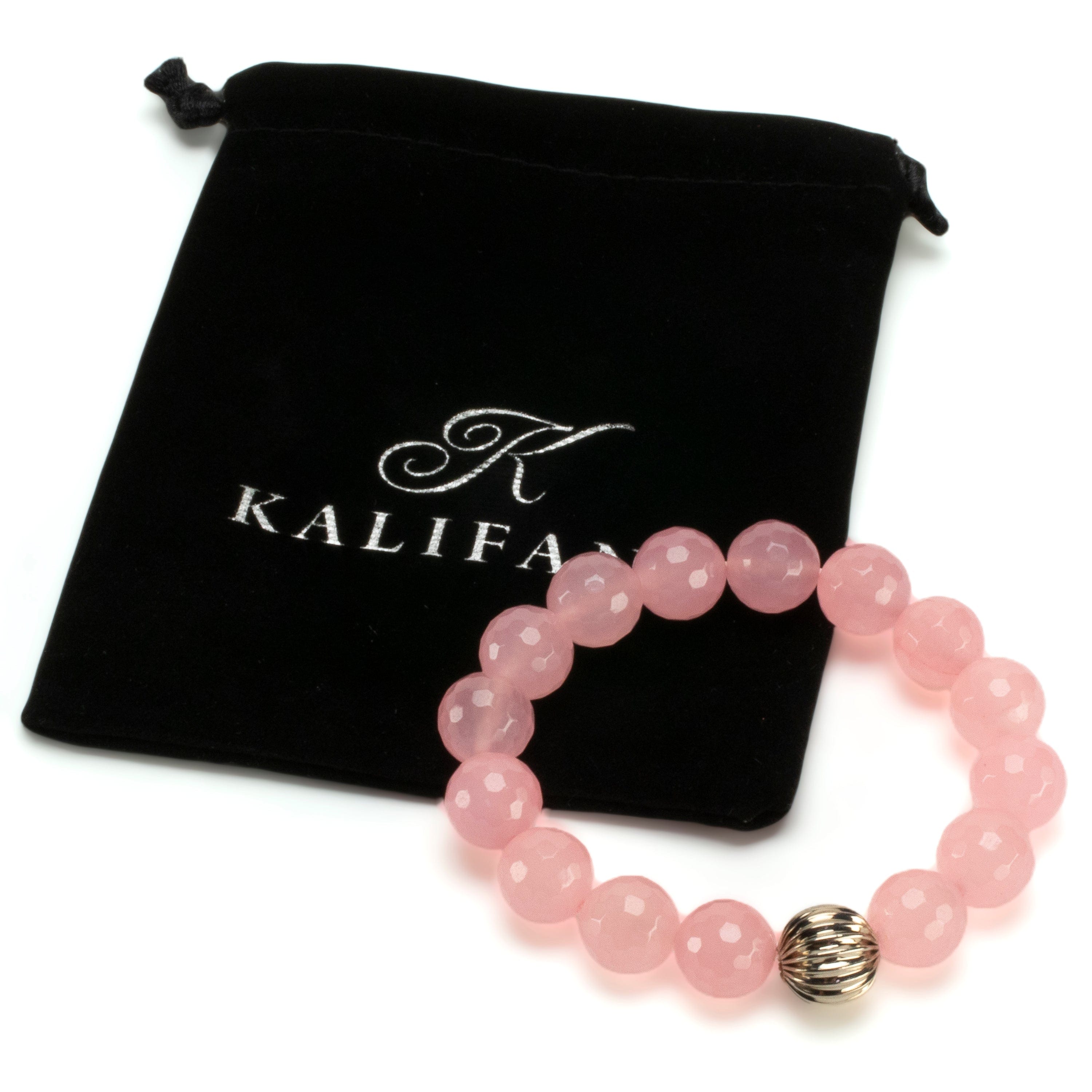 Kalifano Gemstone Bracelets Faceted Rose Quartz 12mm Gemstone Bead Elastic Bracelet with Silver Accent Bead GOLD-BGP-084