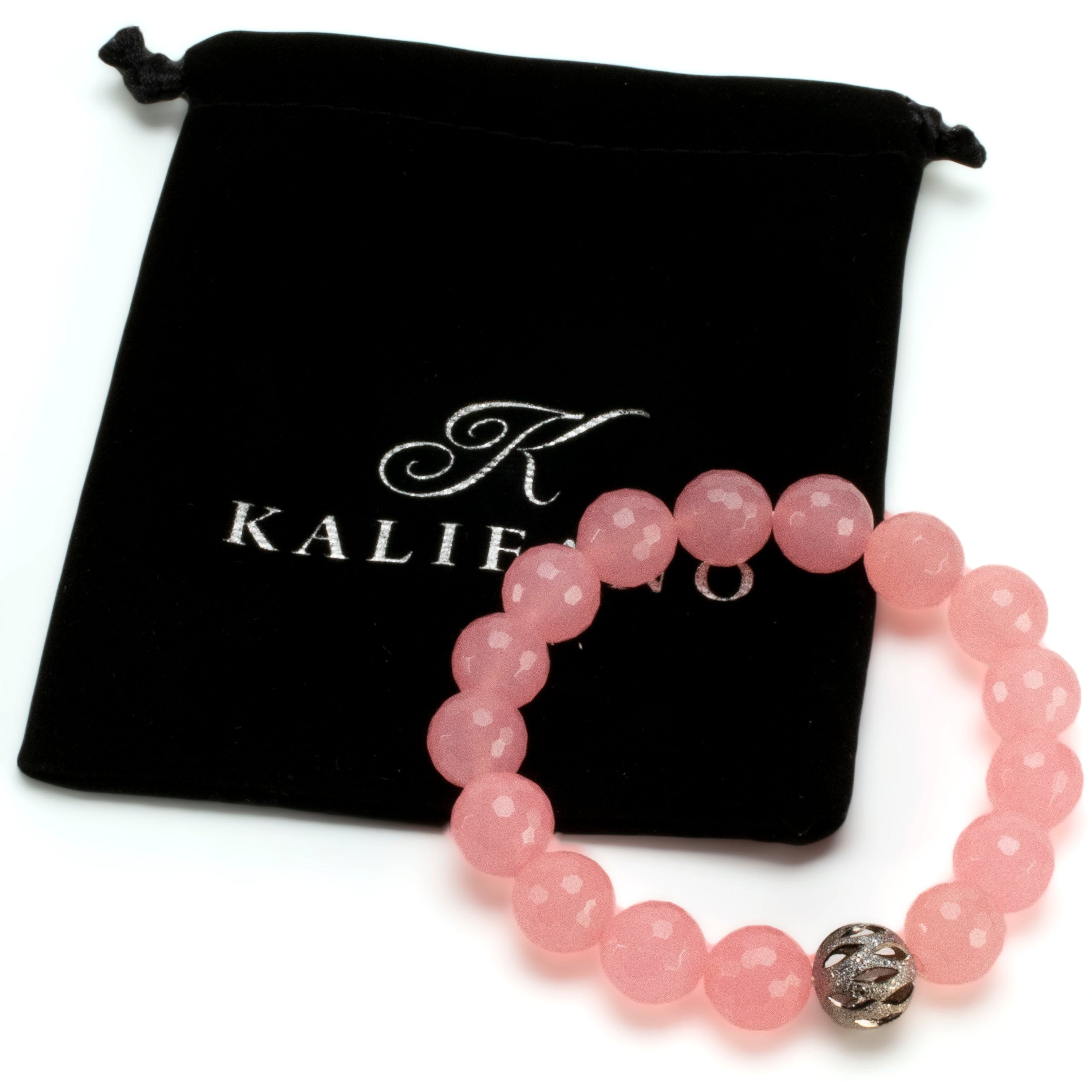 Kalifano Gemstone Bracelets Faceted Rose Quartz 12mm Gemstone Bead Elastic Bracelet with Silver Accent Bead GOLD-BGP-086
