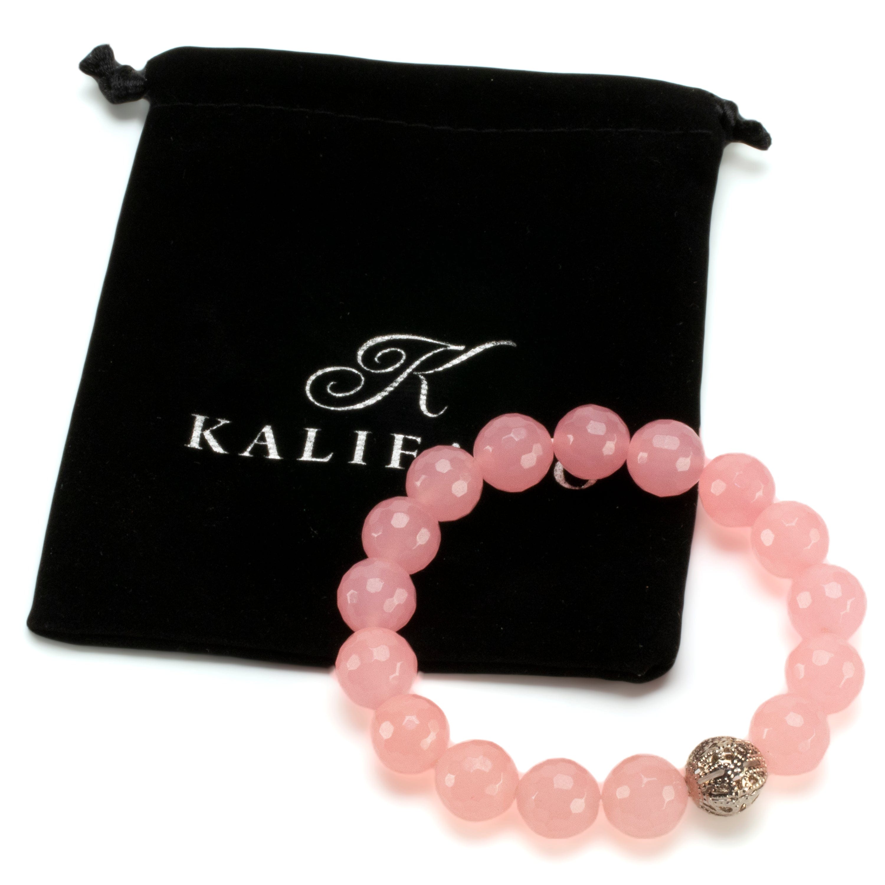Kalifano Gemstone Bracelets Faceted Rose Quartz 12mm Gemstone Bead Elastic Bracelet with Silver Accent Bead GOLD-BGP-088