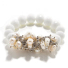 Faceted White Ceramics & Freshwater Pearls 12mm Gemstone Bead Elastic Bracelet