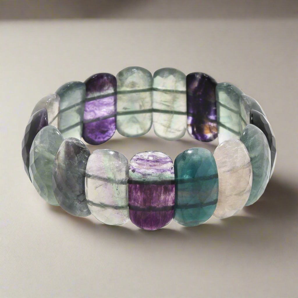 Kalifano Gemstone Bracelets Fluorite Faceted Gemstone Bead Elastic Bracelet