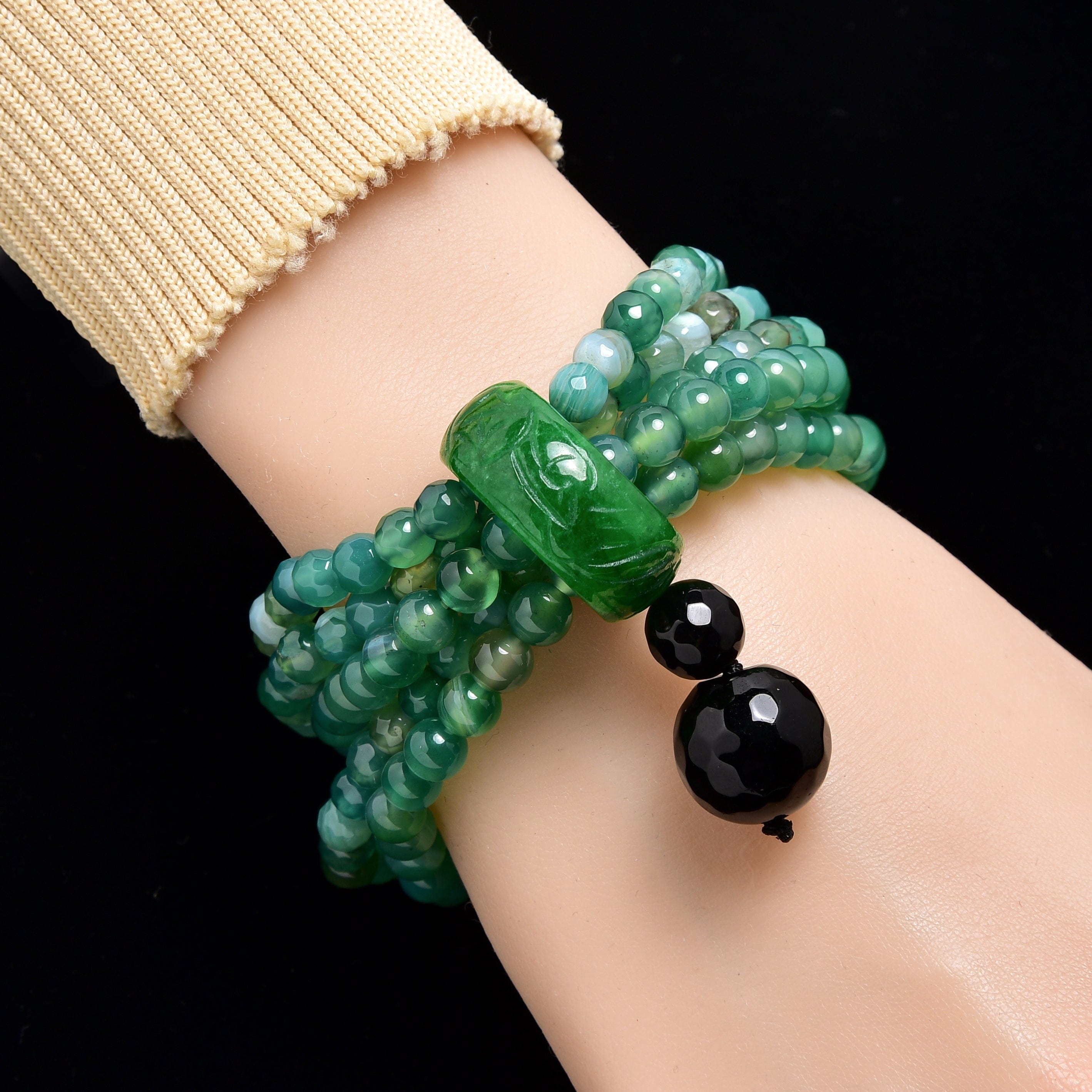 Kalifano Gemstone Bracelets Green Agate 6mm Beads with Jade Ring Gemstone Elastic Bracelet PLAT-BGP-JRGN