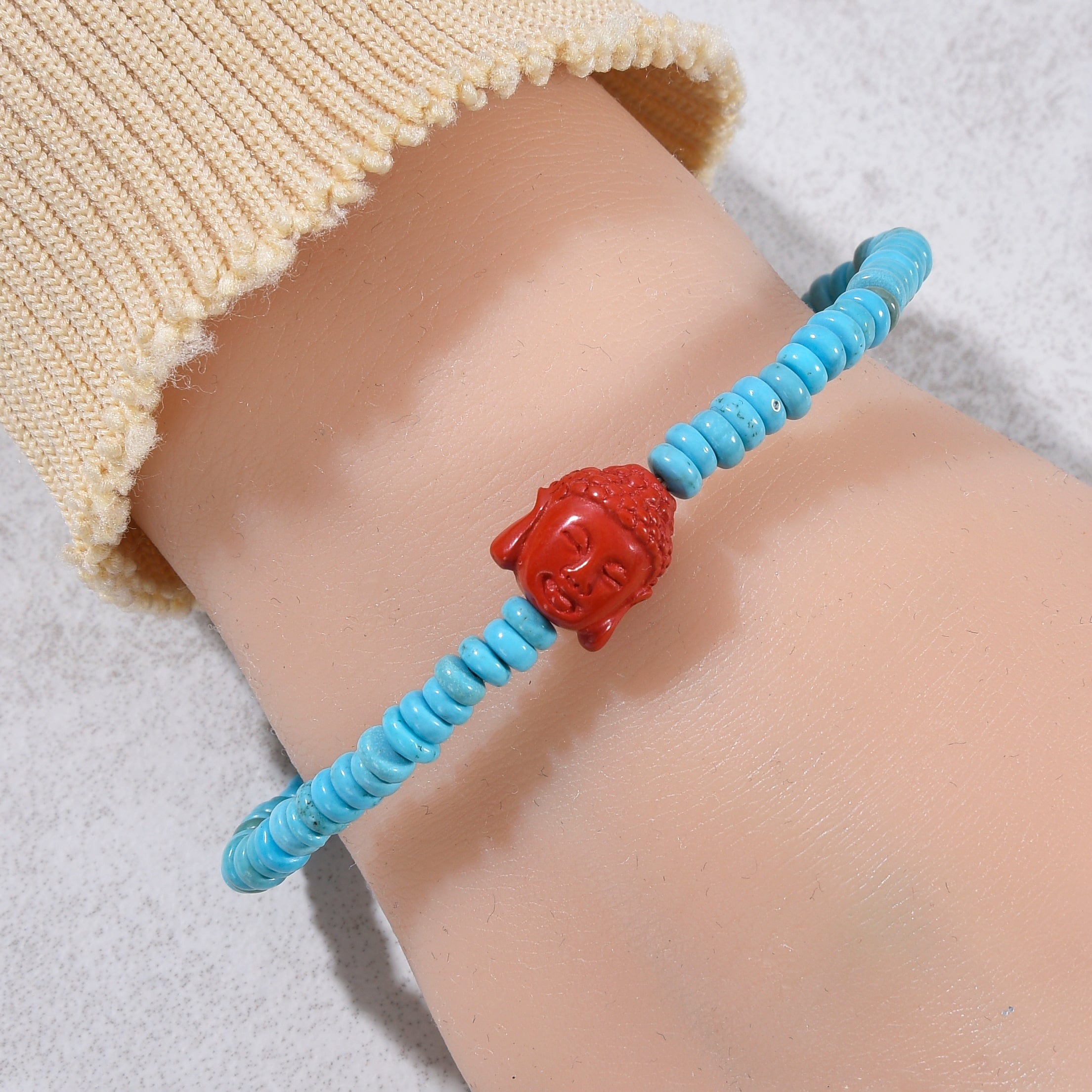 Kalifano Gemstone Bracelets Howlite Turquoise 2x4mm Elastic Gemstone Bracelet with Cinnabar Buddha