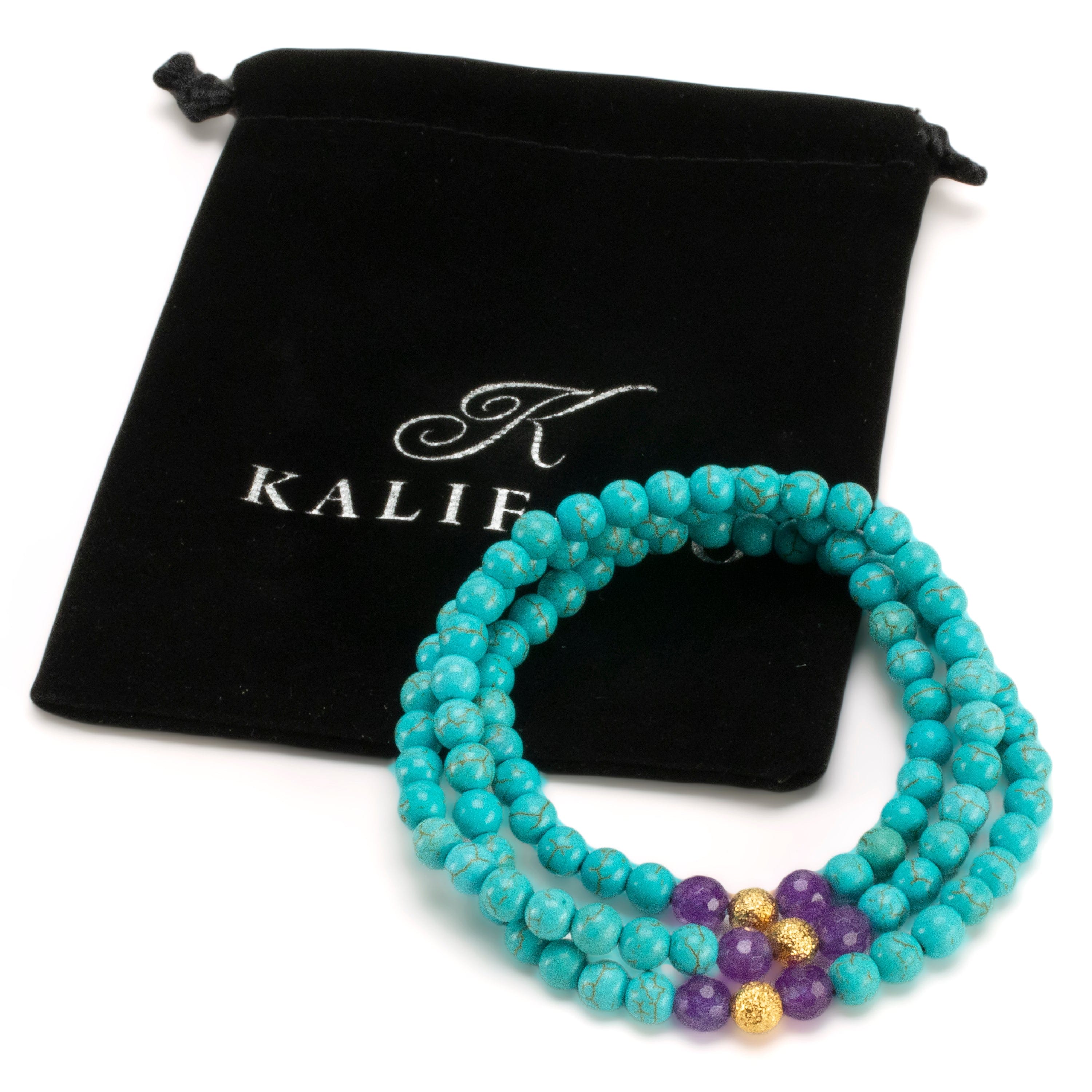 Kalifano Gemstone Bracelets Howlite Turquoise 6mm Beads with Amethyst & Gold Accent Beads Triple Wrap Gemstone Elastic Bracelet WHITE-BGI3-082