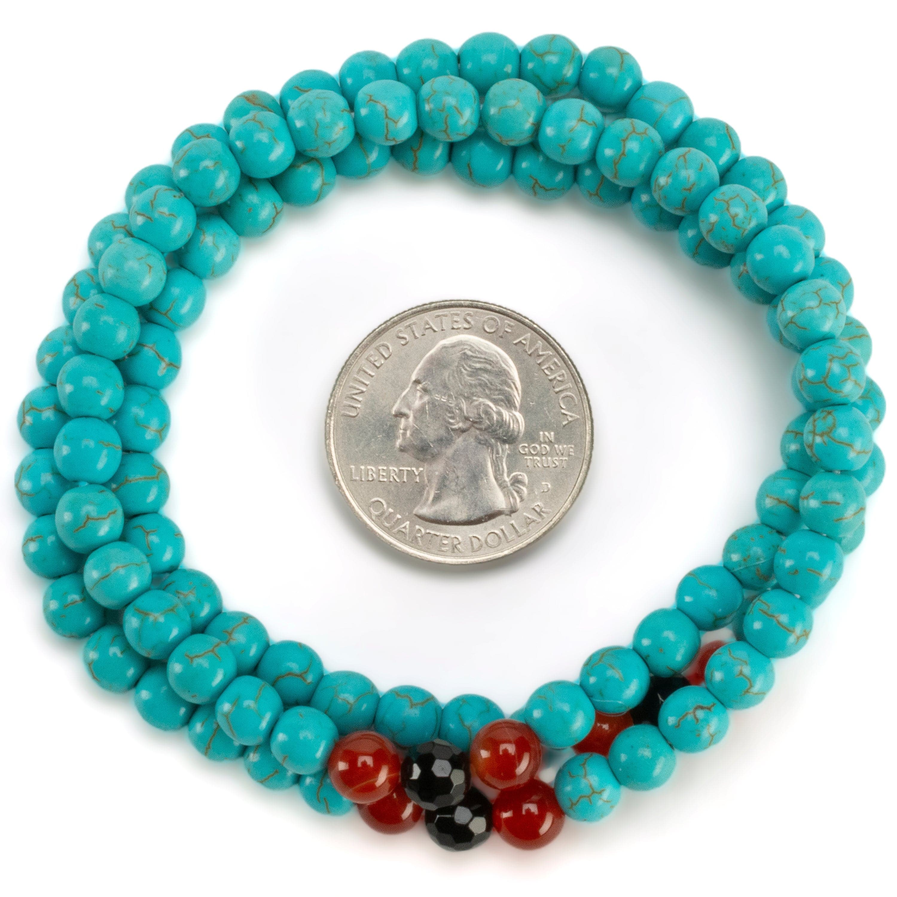 Kalifano Gemstone Bracelets Howlite Turquoise 6mm Beads with Black Agate & Carnelian Accent Beads Triple Wrap Gemstone Elastic Bracelet WHITE-BGI3-081