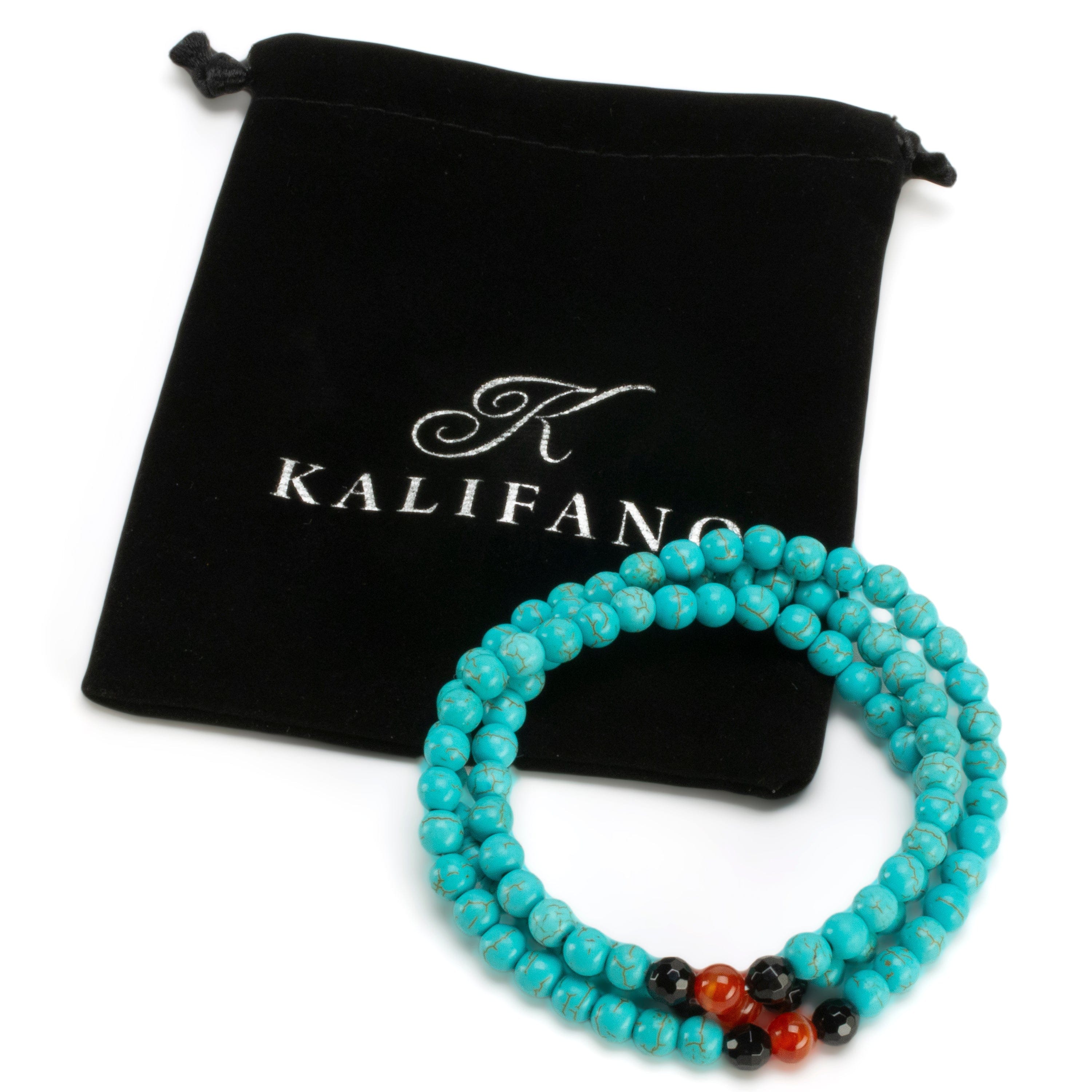 Kalifano Gemstone Bracelets Howlite Turquoise 6mm Beads with Black Agate & Carnelian Accent Beads Triple Wrap Gemstone Elastic Bracelet WHITE-BGI3-083