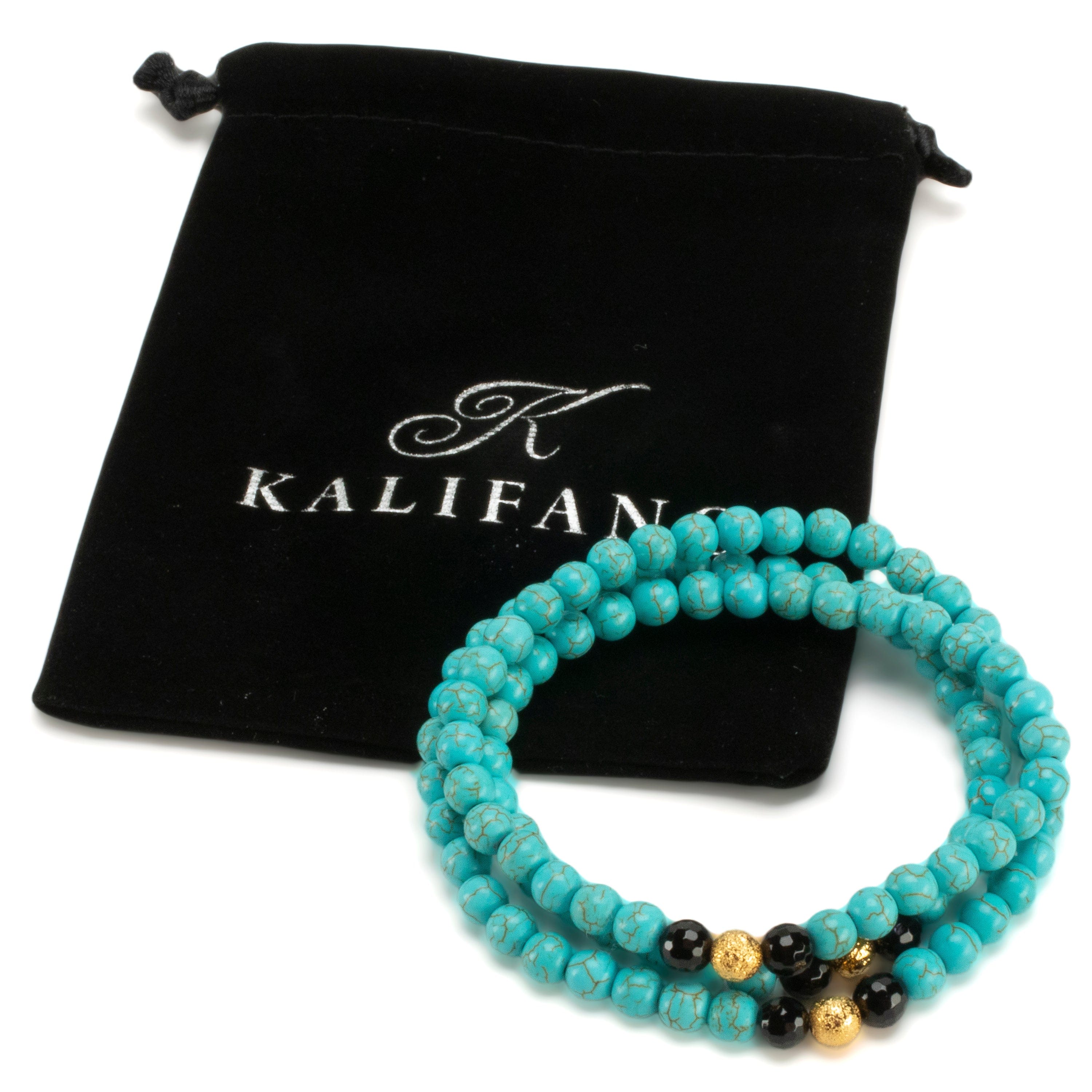 Kalifano Gemstone Bracelets Howlite Turquoise 6mm Beads with Black Agate & Gold Sparkly Accent Beads Triple Wrap Gemstone Elastic Bracelet WHITE-BGI3-084