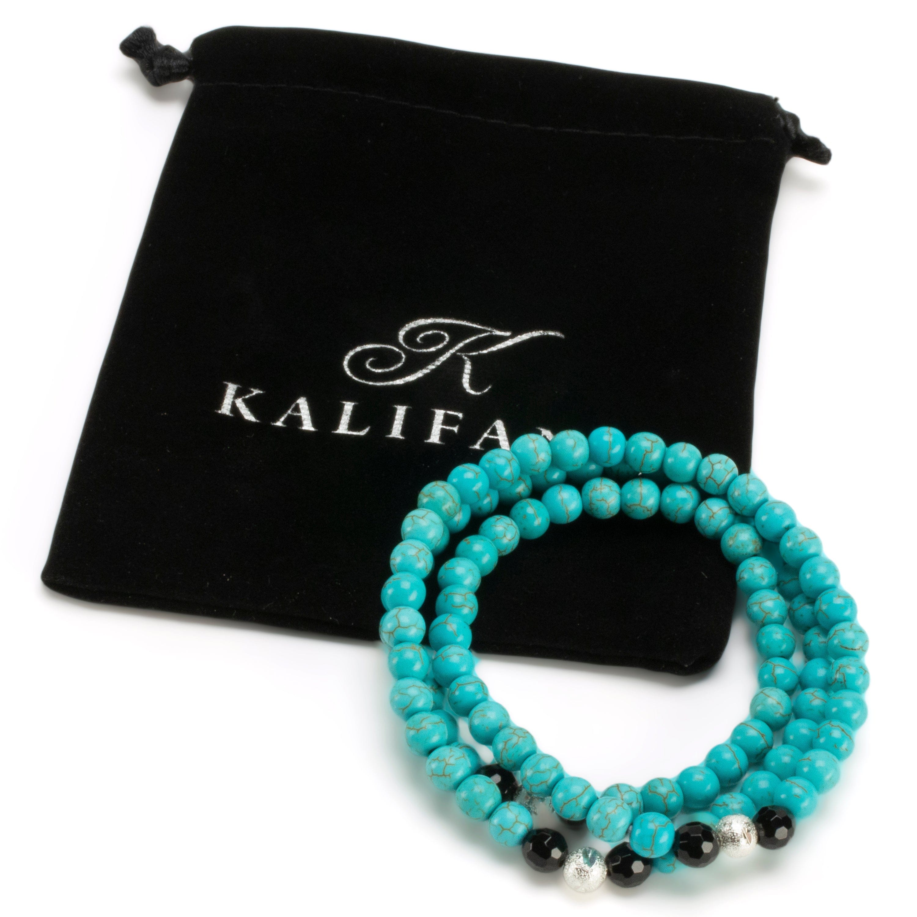 Kalifano Gemstone Bracelets Howlite Turquoise 6mm Beads with Black Agate & Silver Sparkly Accent Beads Triple Wrap Gemstone Elastic Bracelet WHITE-BGI3-085