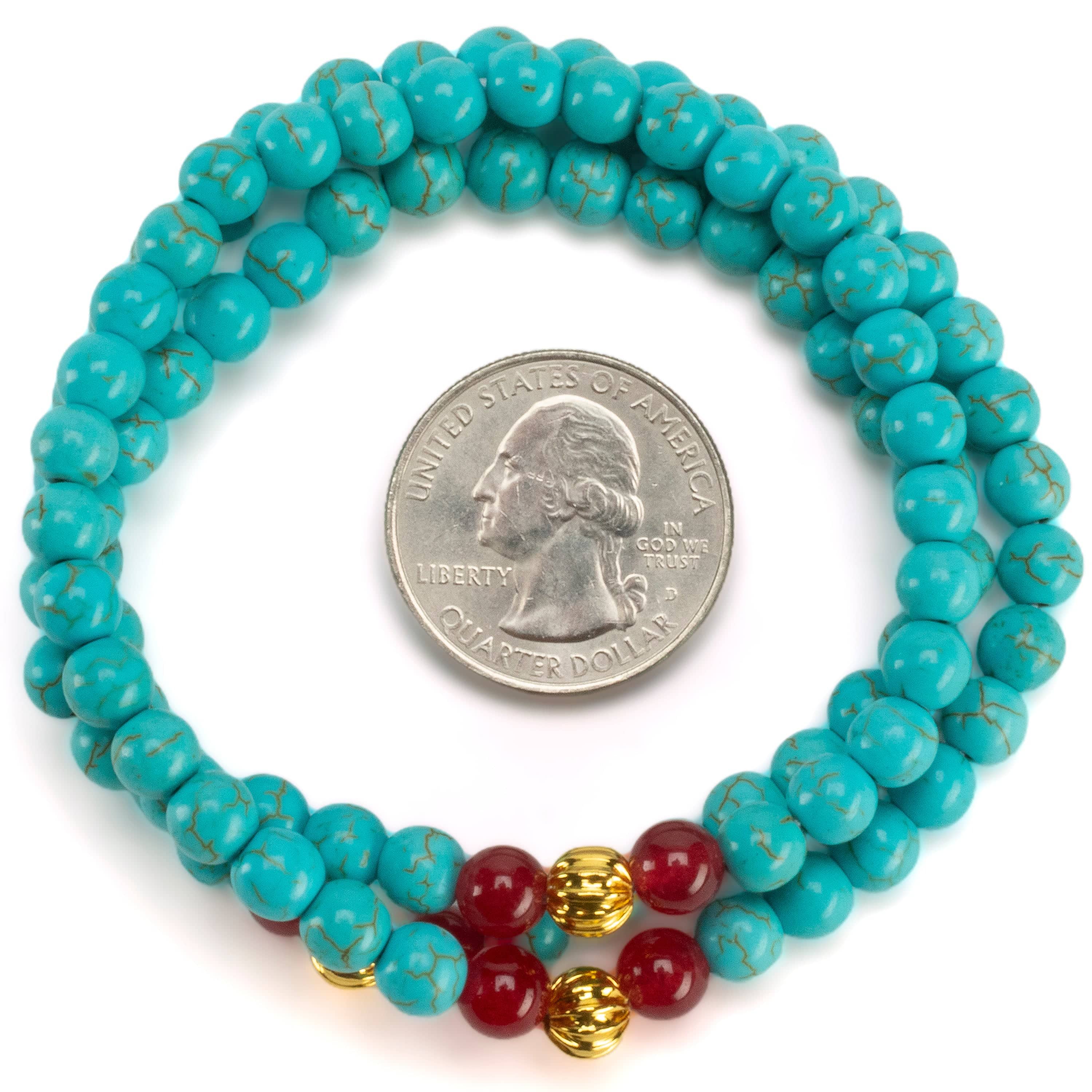 Kalifano Gemstone Bracelets Howlite Turquoise 6mm Beads with Red Agate & Gold Accent Beads Triple Wrap Gemstone Elastic Bracelet WHITE-BGI3-086