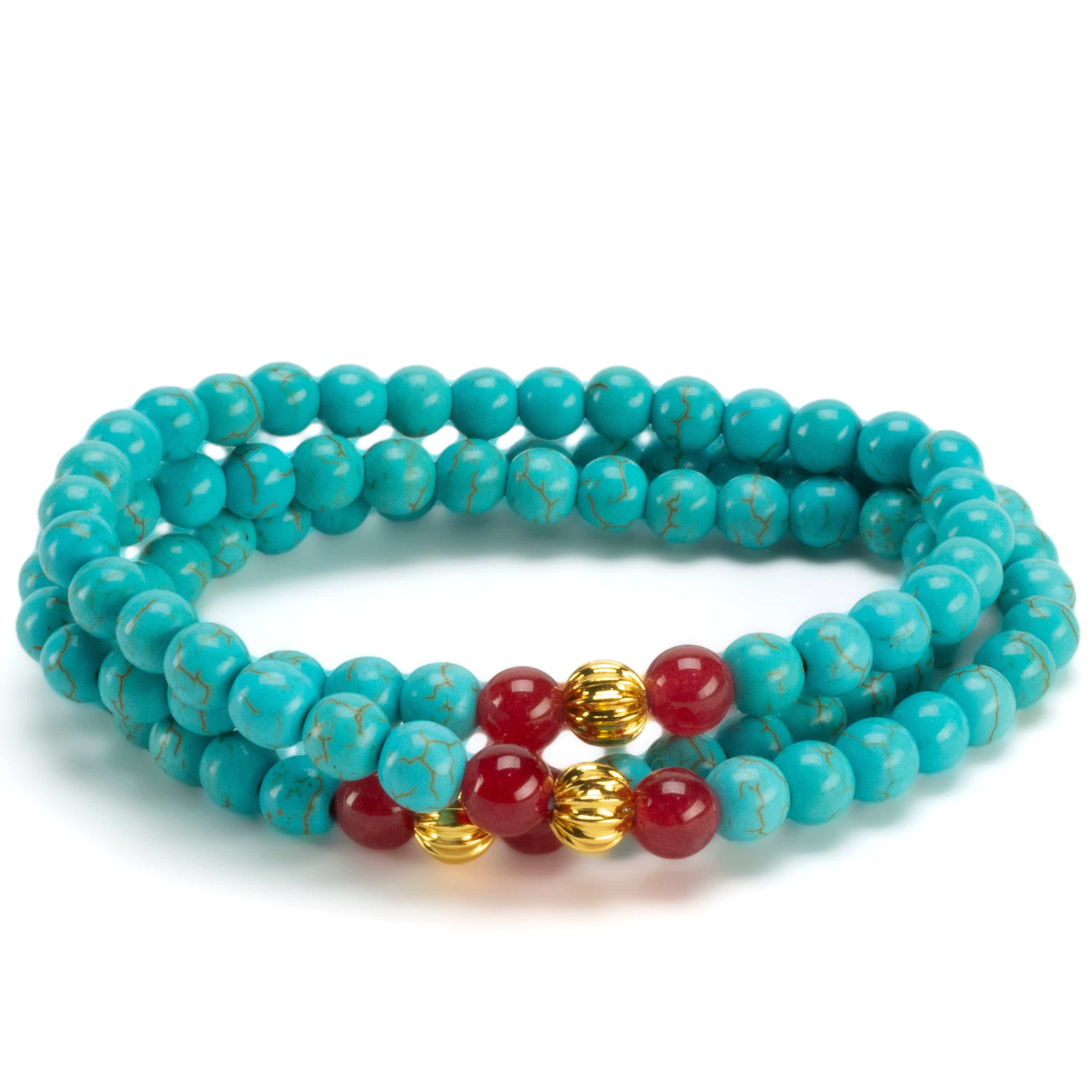 Kalifano Gemstone Bracelets Howlite Turquoise 6mm Beads with Red Agate & Gold Accent Beads Triple Wrap Gemstone Elastic Bracelet WHITE-BGI3-086