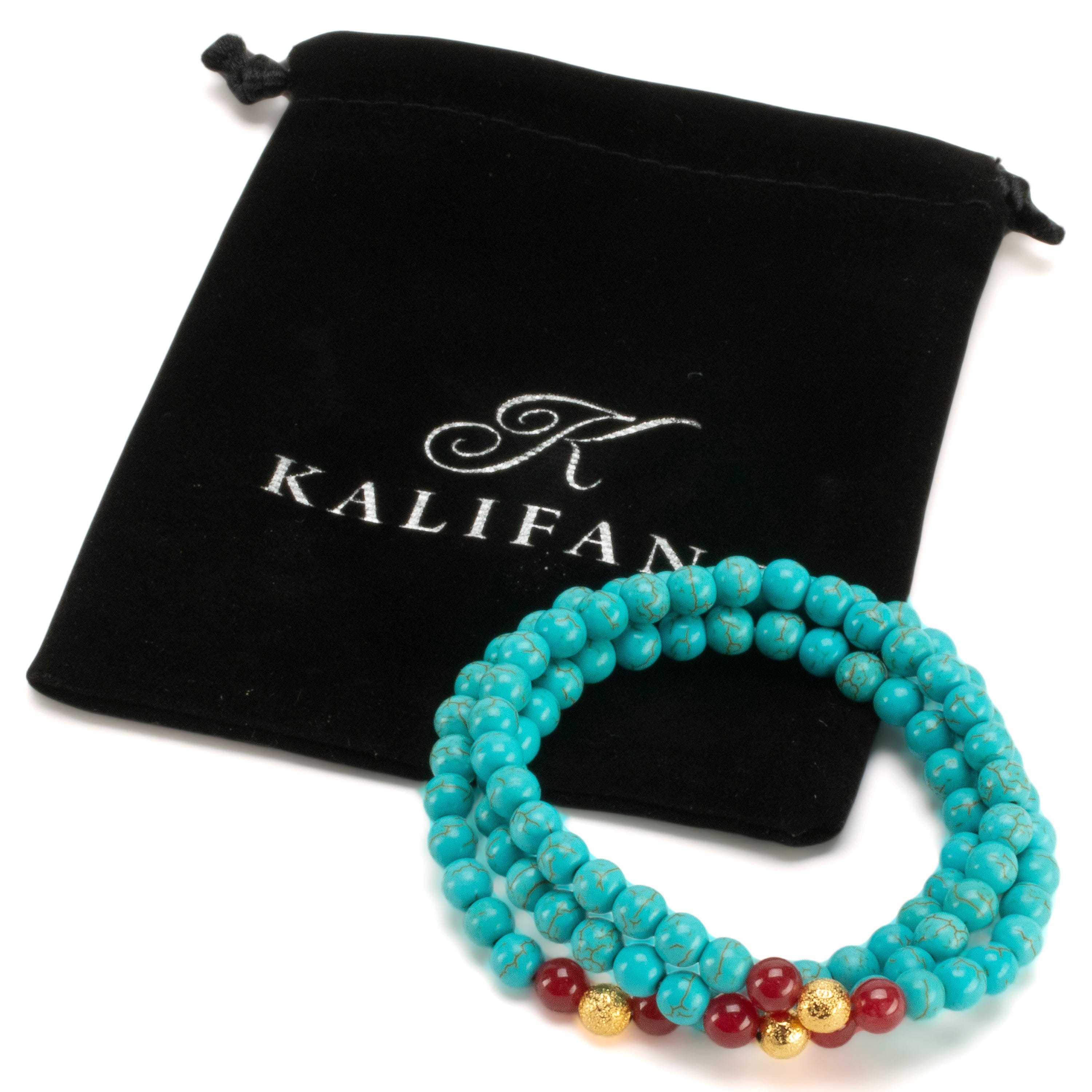 Kalifano Gemstone Bracelets Howlite Turquoise 6mm Beads with Red Agate & Gold Sparkly Accent Beads Triple Wrap Gemstone Elastic Bracelet WHITE-BGI3-087