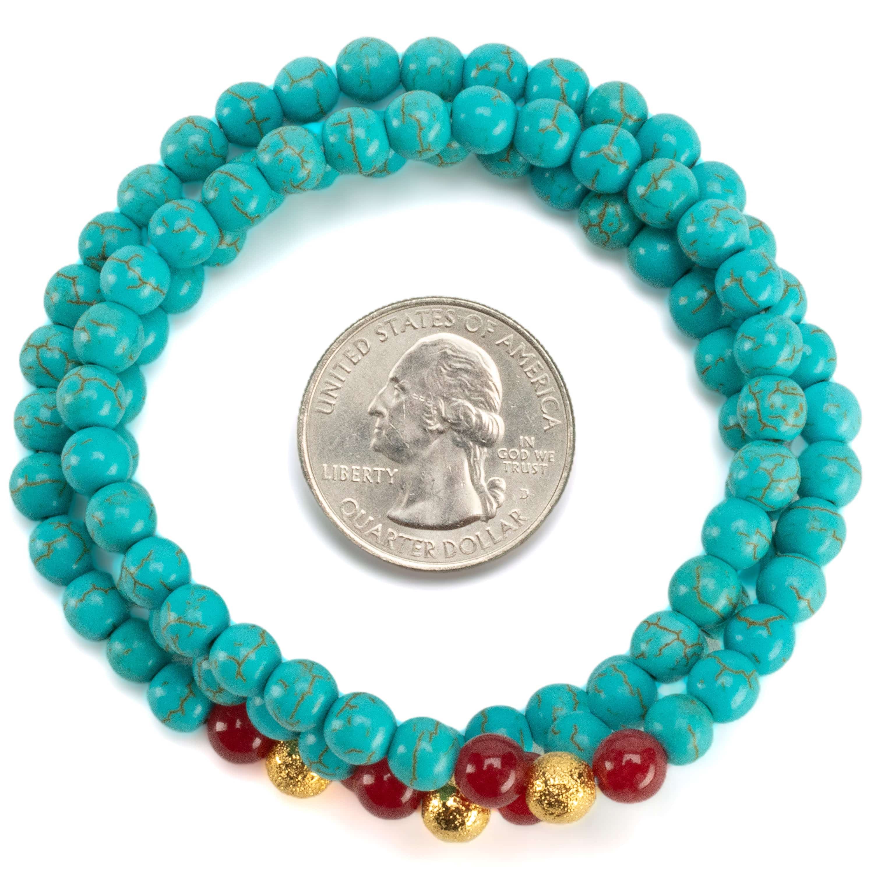 Kalifano Gemstone Bracelets Howlite Turquoise 6mm Beads with Red Agate & Gold Sparkly Accent Beads Triple Wrap Gemstone Elastic Bracelet WHITE-BGI3-087