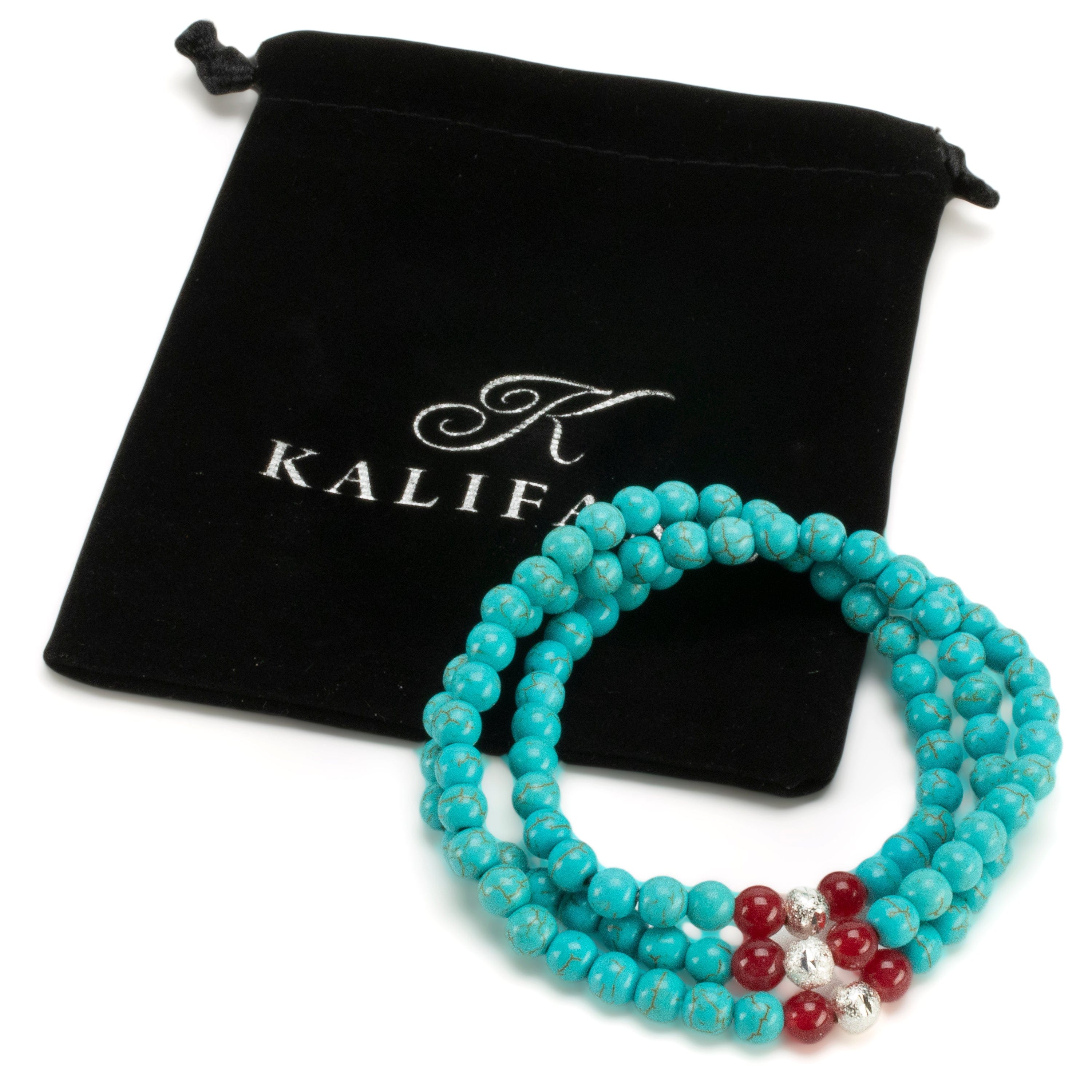 Kalifano Gemstone Bracelets Howlite Turquoise 6mm Beads with Red Agate & Silver Sparkly Accent Beads Triple Wrap Gemstone Elastic Bracelet WHITE-BGI3-088