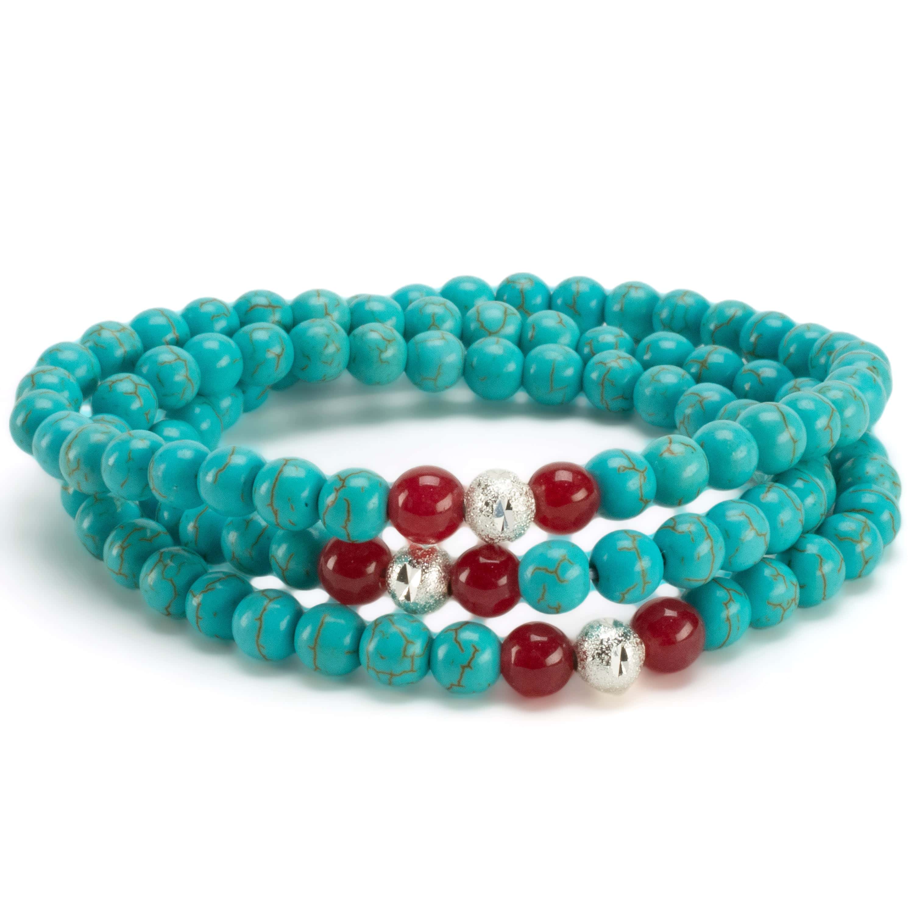 Kalifano Gemstone Bracelets Howlite Turquoise 6mm Beads with Red Agate & Silver Sparkly Accent Beads Triple Wrap Gemstone Elastic Bracelet WHITE-BGI3-088