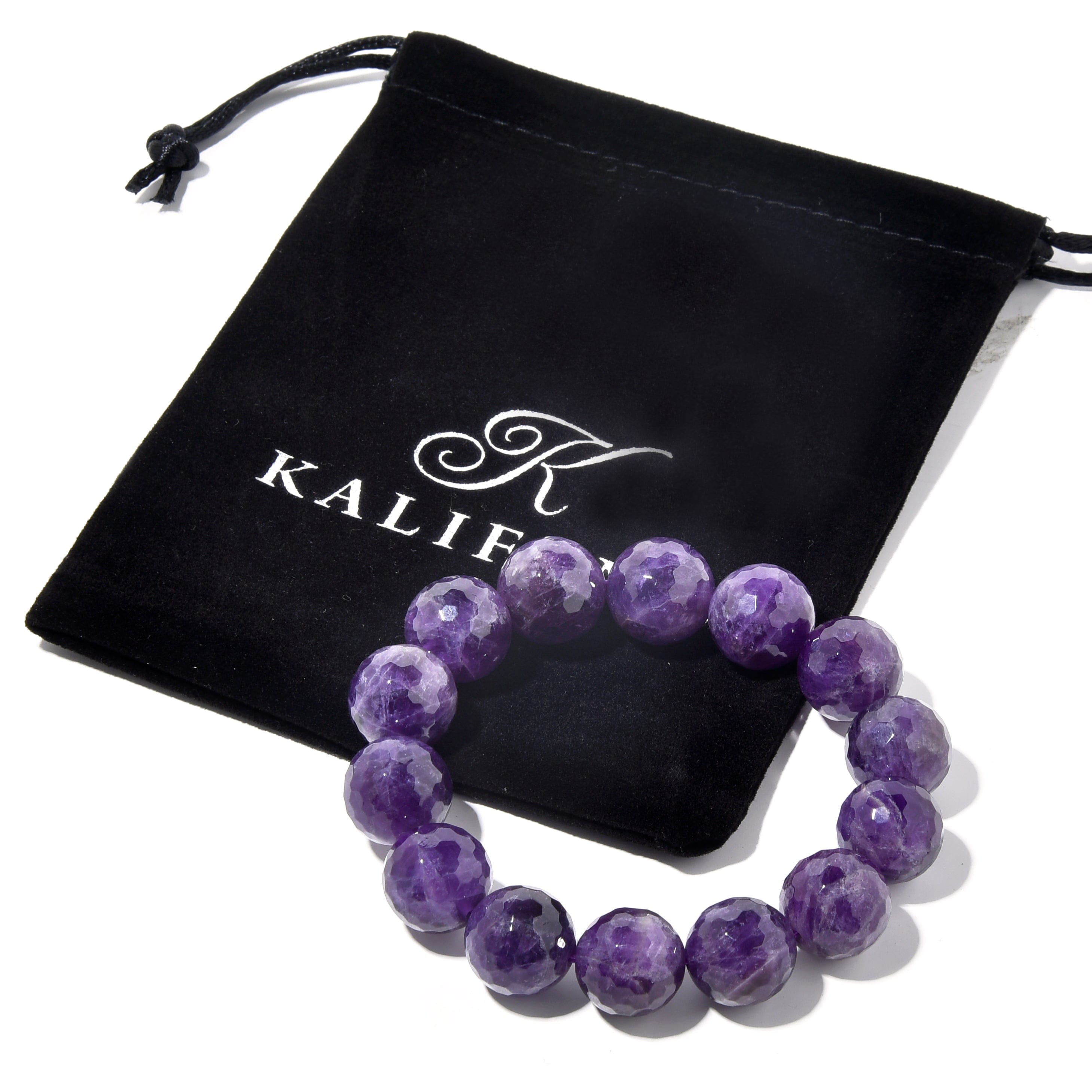 Kalifano Gemstone Bracelets Natural Amethyst 16mm Faceted Gemstone Bead Elastic Bracelet BLACK-BGP-048