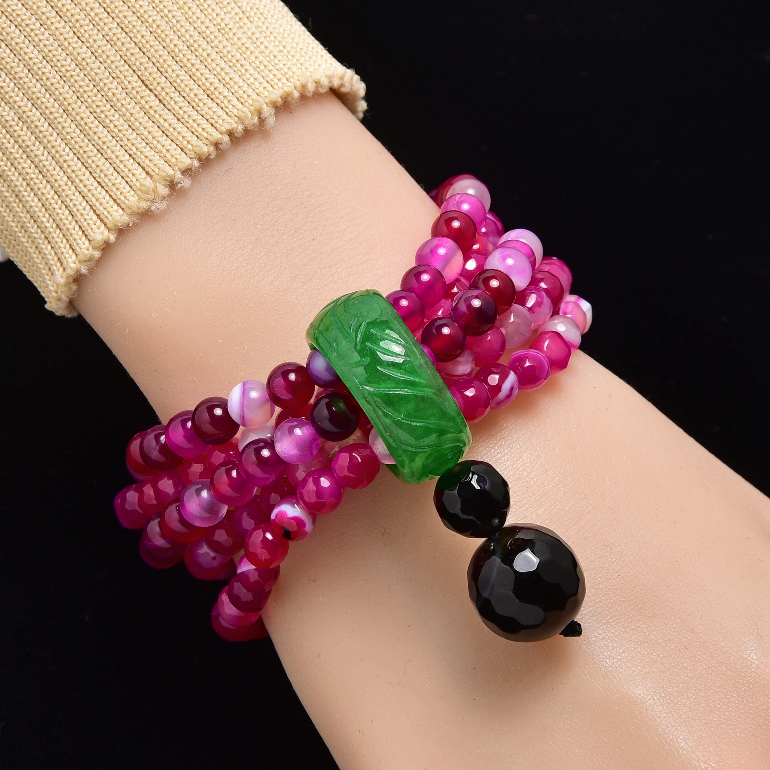Kalifano Gemstone Bracelets Pink Agate 6mm Beads with Jade Ring Gemstone Elastic Bracelet PLAT-BGP-JRPK