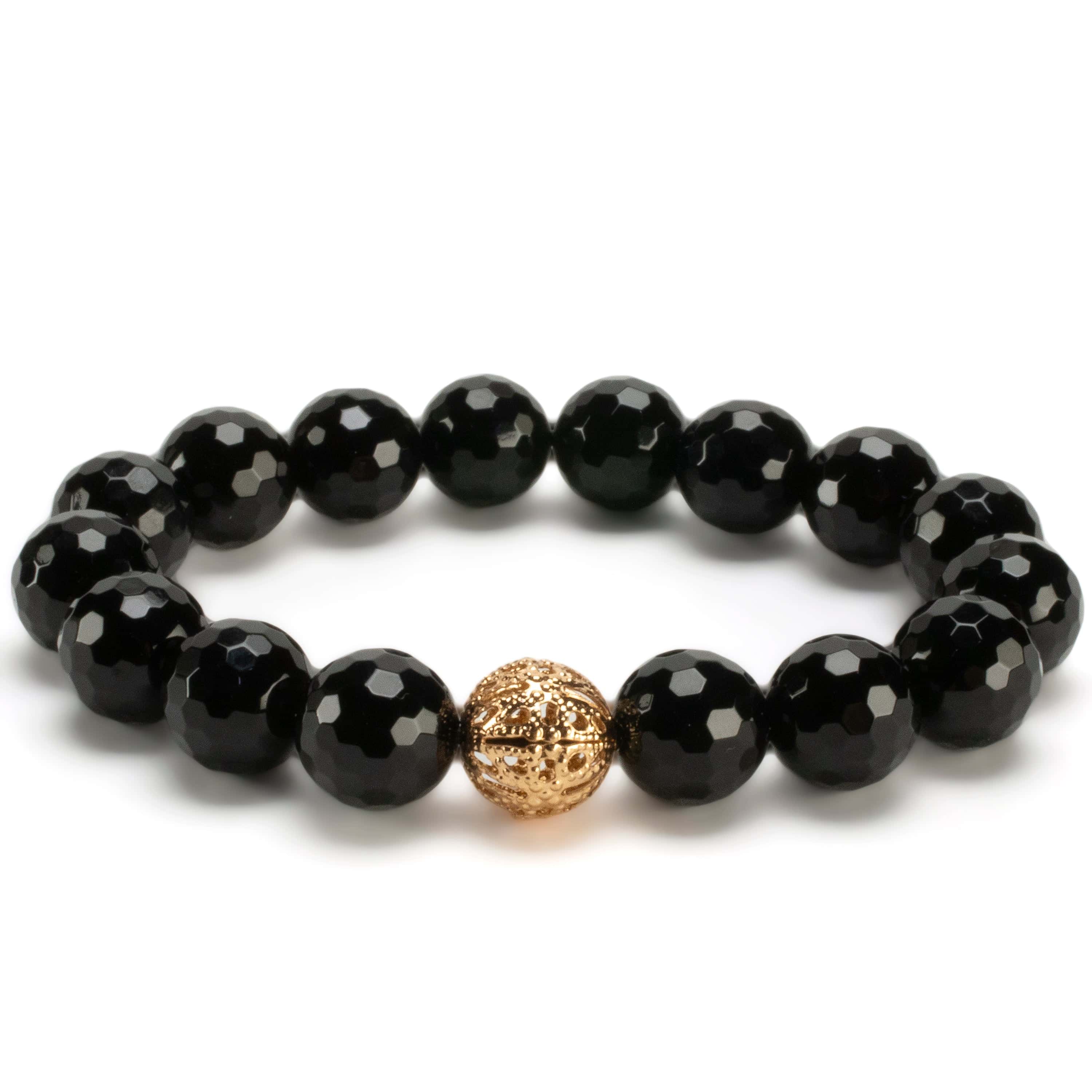 Black Agate 12mm Beads with Gold Accent Bead Elastic Gemstone Bracelet