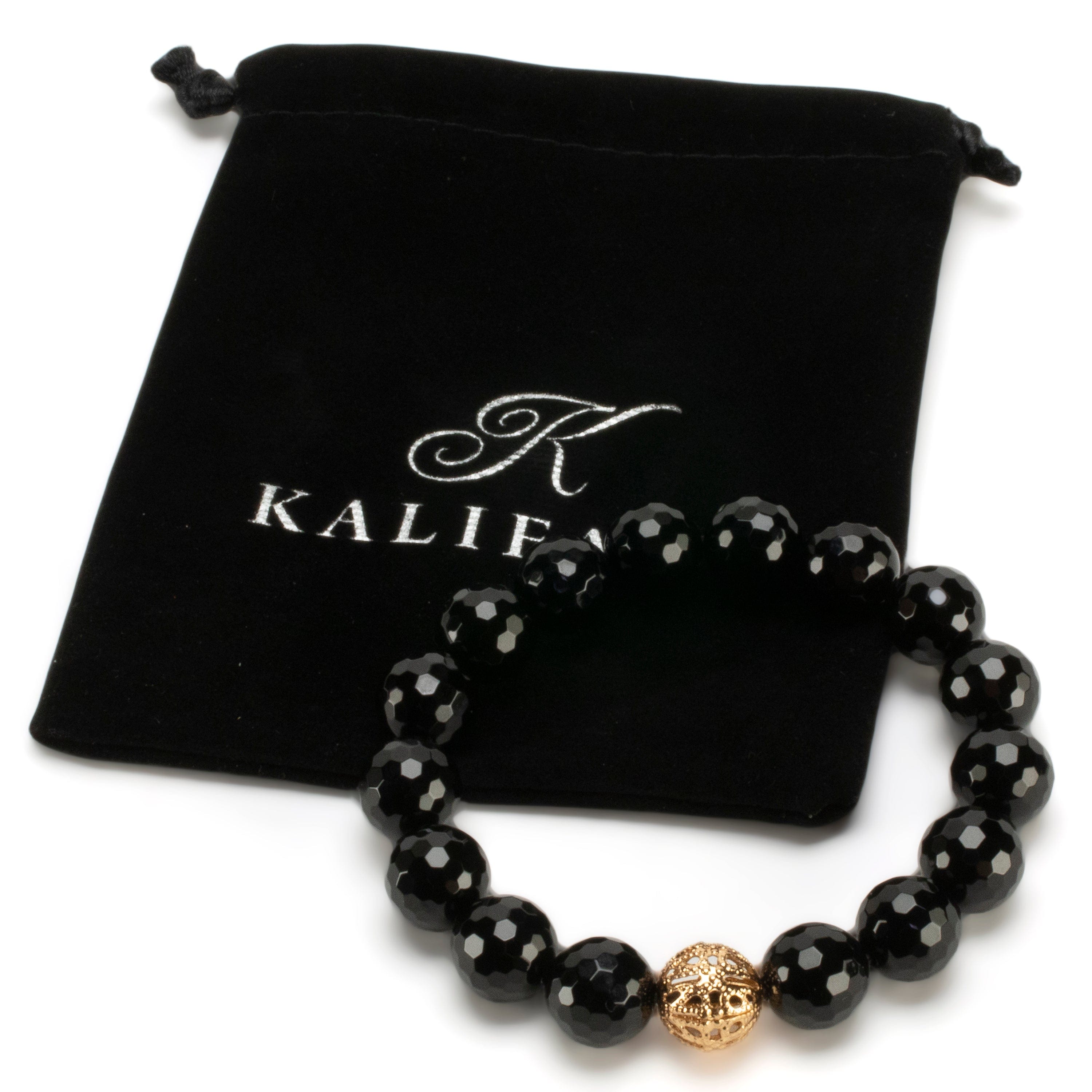 Kalifano Gemstone Bracelets Polished Banded Carnelian 12mm Gemstone Bead Elastic Bracelet with Gold Accent Bead GOLD-BGP-067