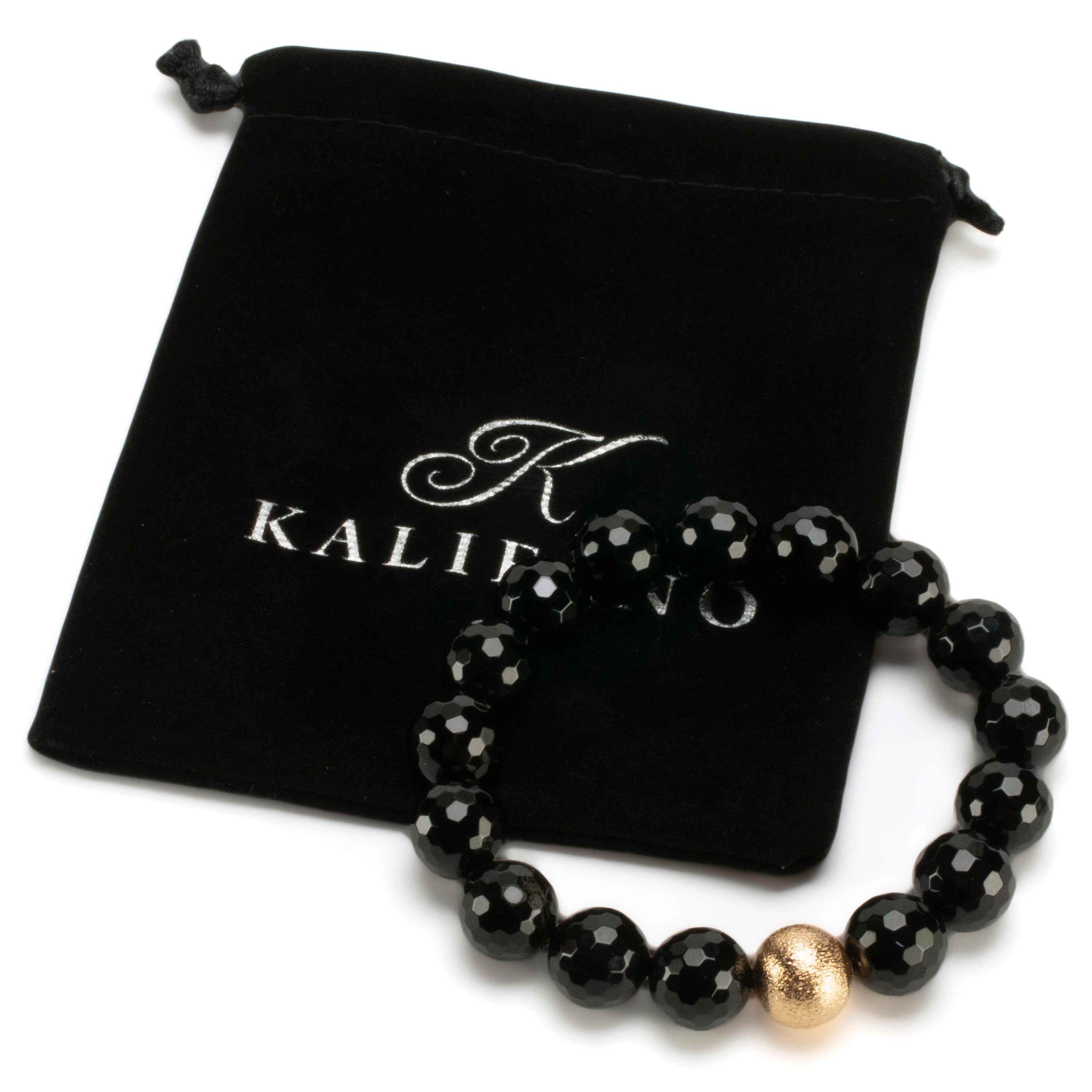 Kalifano Gemstone Bracelets Polished Banded Carnelian 12mm Gemstone Bead Elastic Bracelet with Gold Accent Bead GOLD-BGP-069