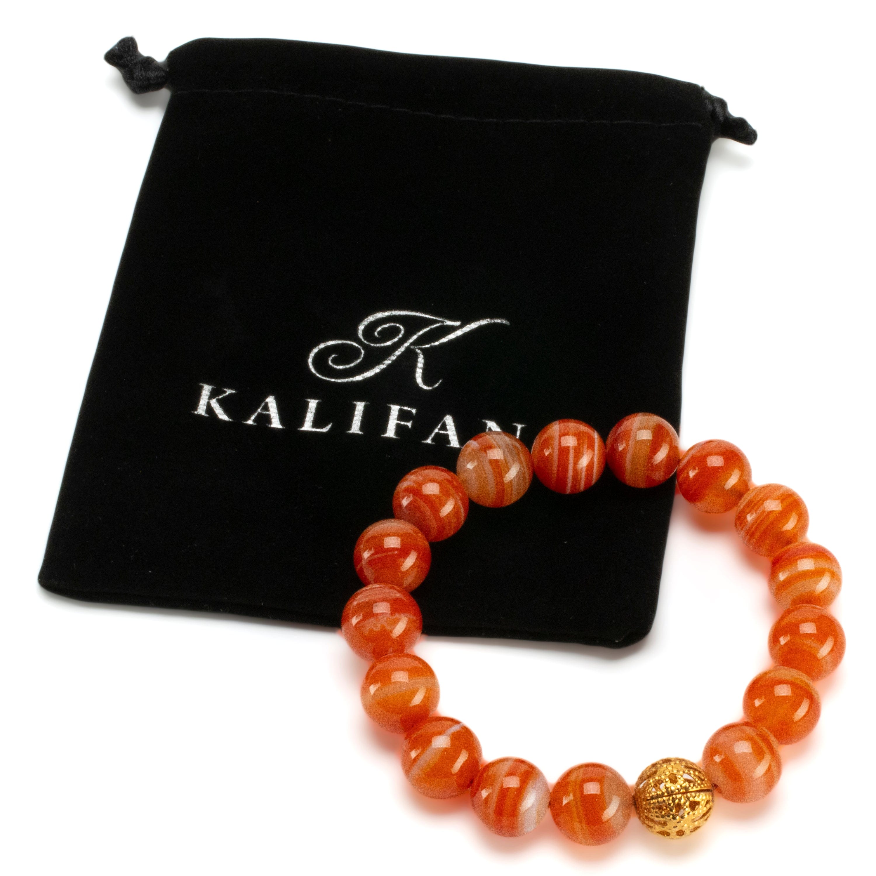Kalifano Gemstone Bracelets Polished Banded Carnelian 12mm Gemstone Bead Elastic Bracelet with Gold Accent Bead GOLD-BGP-071