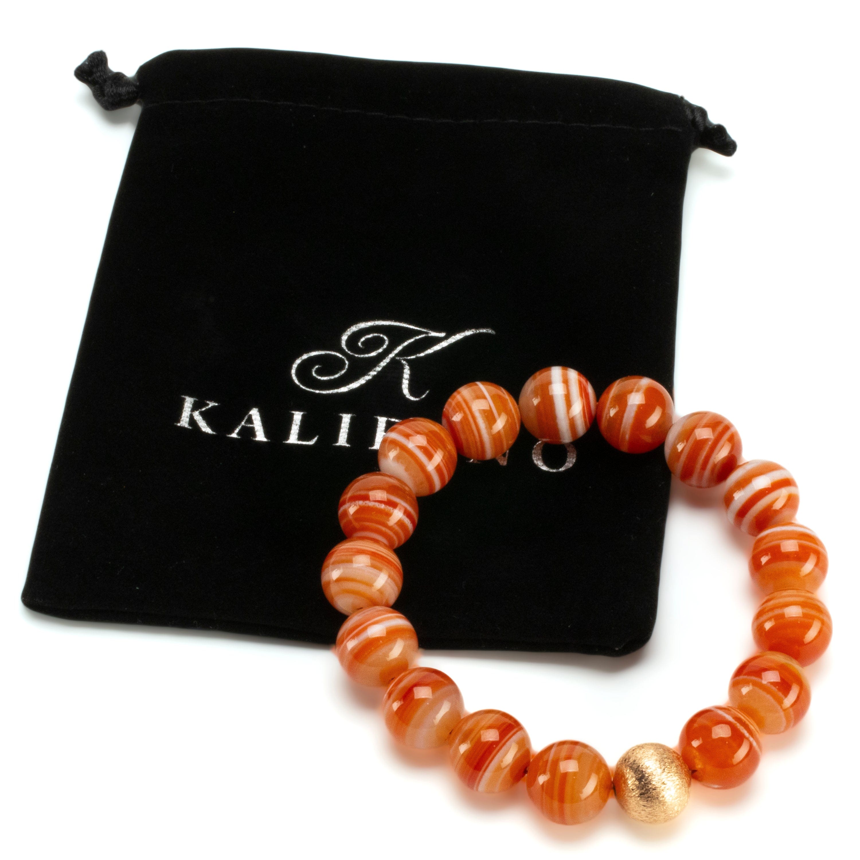Kalifano Gemstone Bracelets Polished Banded Carnelian 12mm Gemstone Bead Elastic Bracelet with Matte Gold Accent Bead GOLD-BGP-073