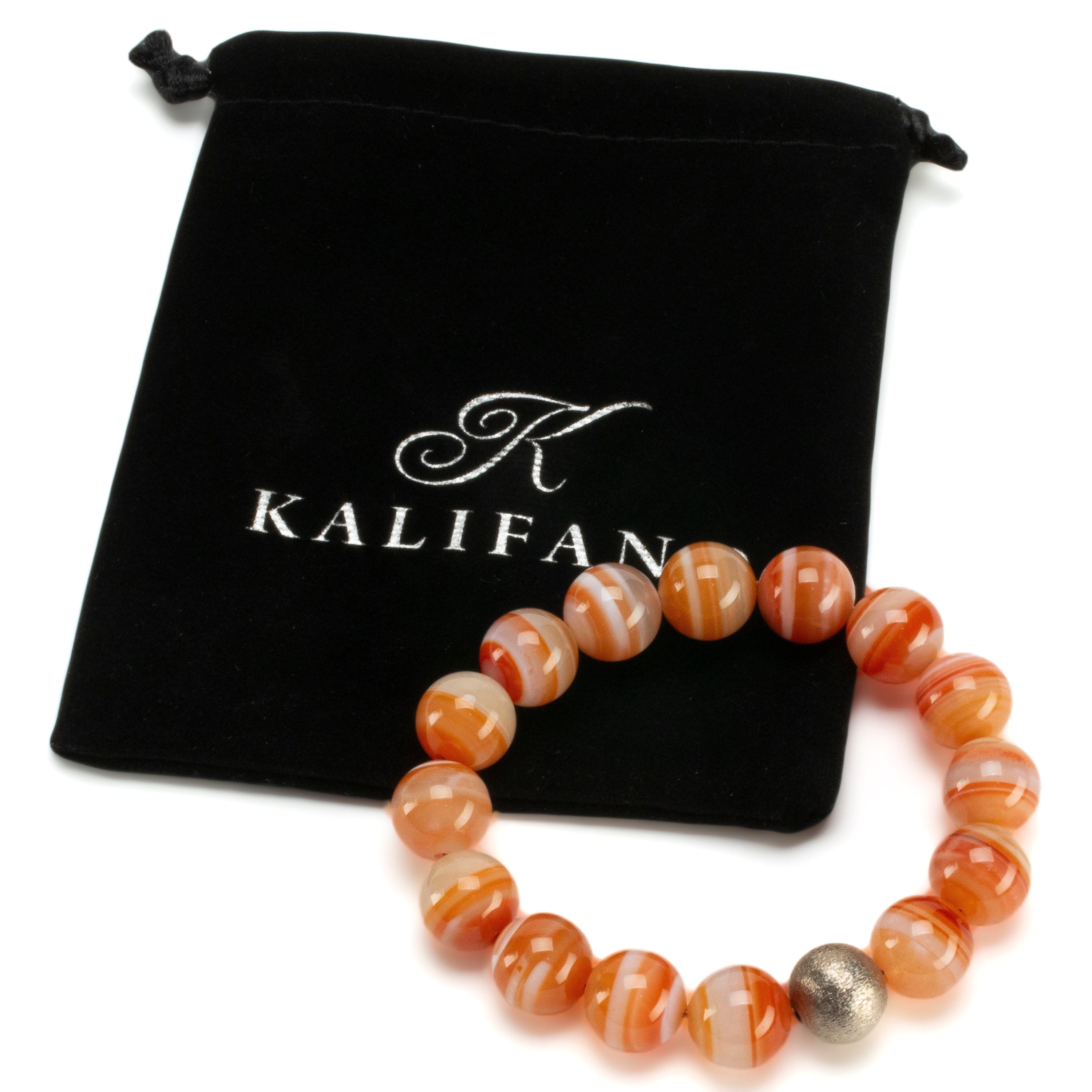 Kalifano Gemstone Bracelets Polished Banded Carnelian 12mm Gemstone Bead Elastic Bracelet with Matte Silver Accent Bead GOLD-BGP-074