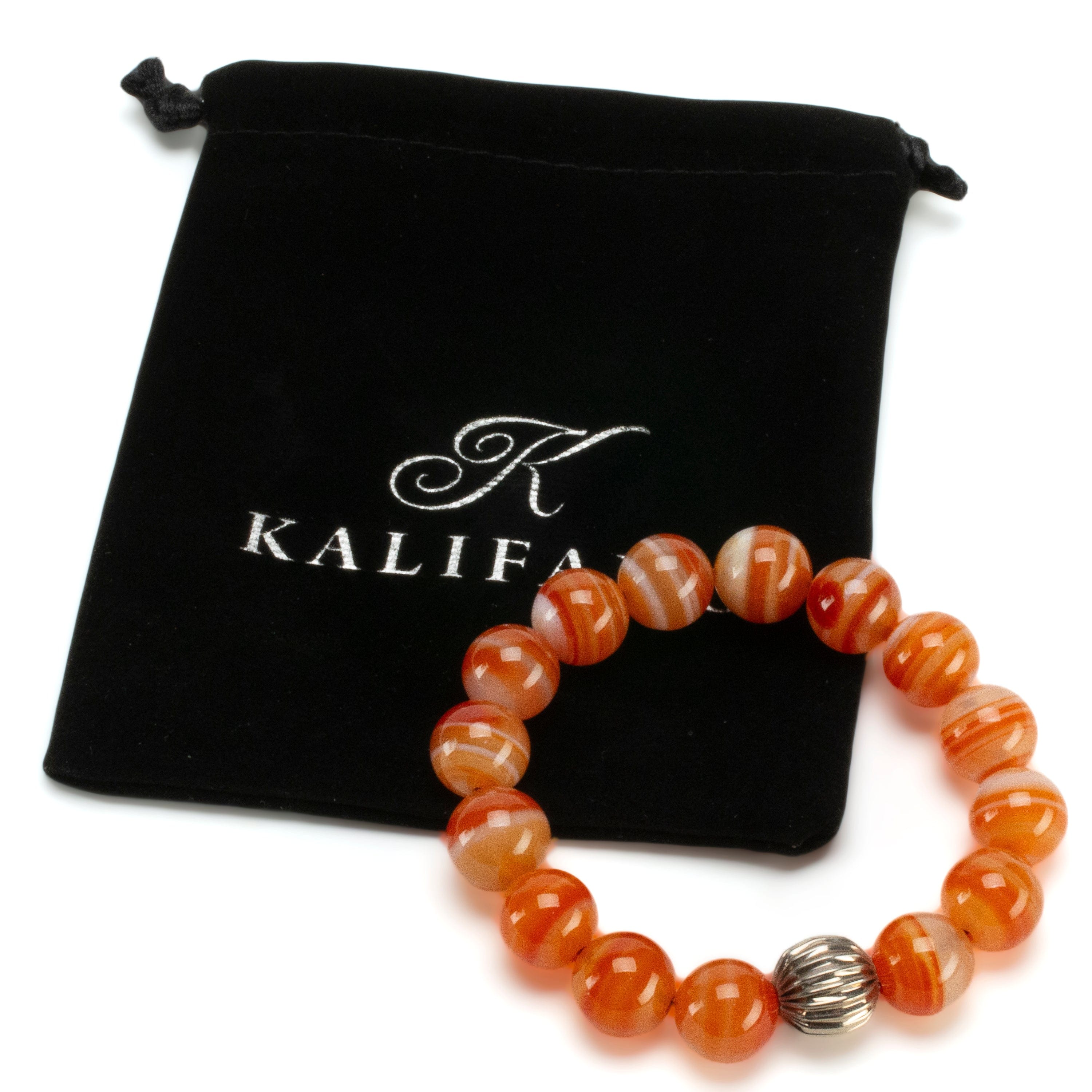 Kalifano Gemstone Bracelets Polished Banded Carnelian 12mm Gemstone Bead Elastic Bracelet with Silver Accent Bead GOLD-BGP-068