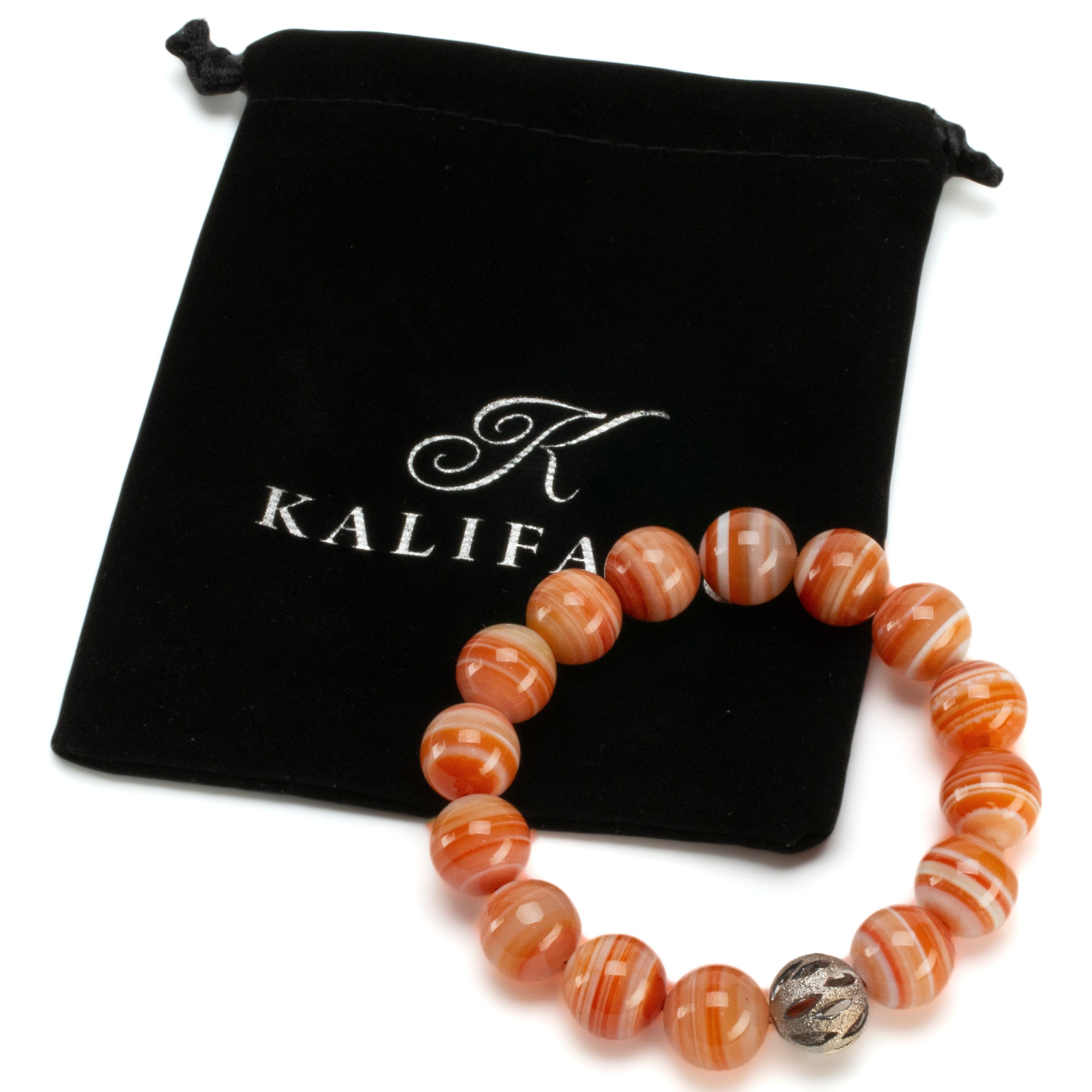 Kalifano Gemstone Bracelets Polished Banded Carnelian 12mm Gemstone Bead Elastic Bracelet with Silver Accent Bead GOLD-BGP-070