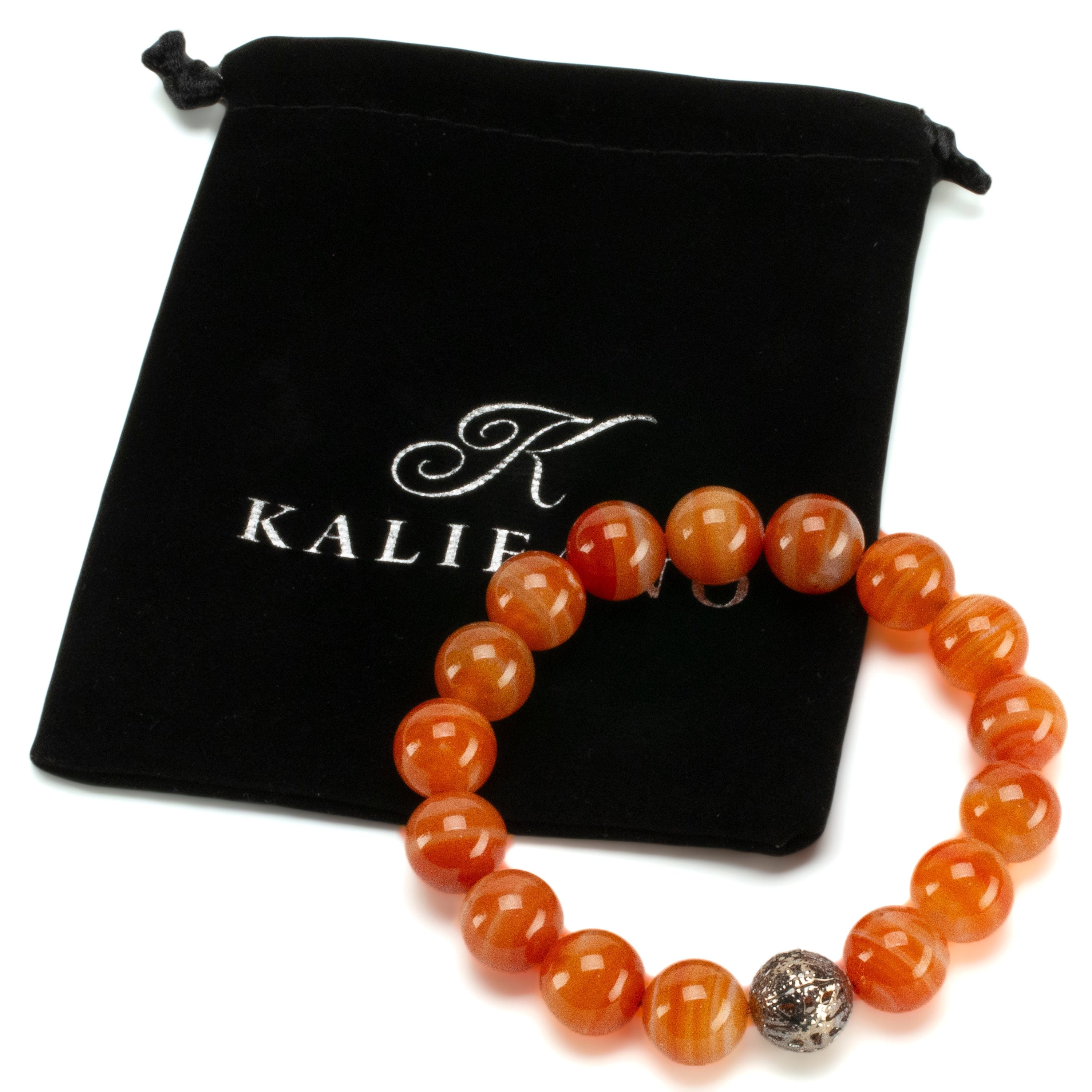 Kalifano Gemstone Bracelets Polished Banded Carnelian 12mm Gemstone Bead Elastic Bracelet with Silver Accent Bead GOLD-BGP-072