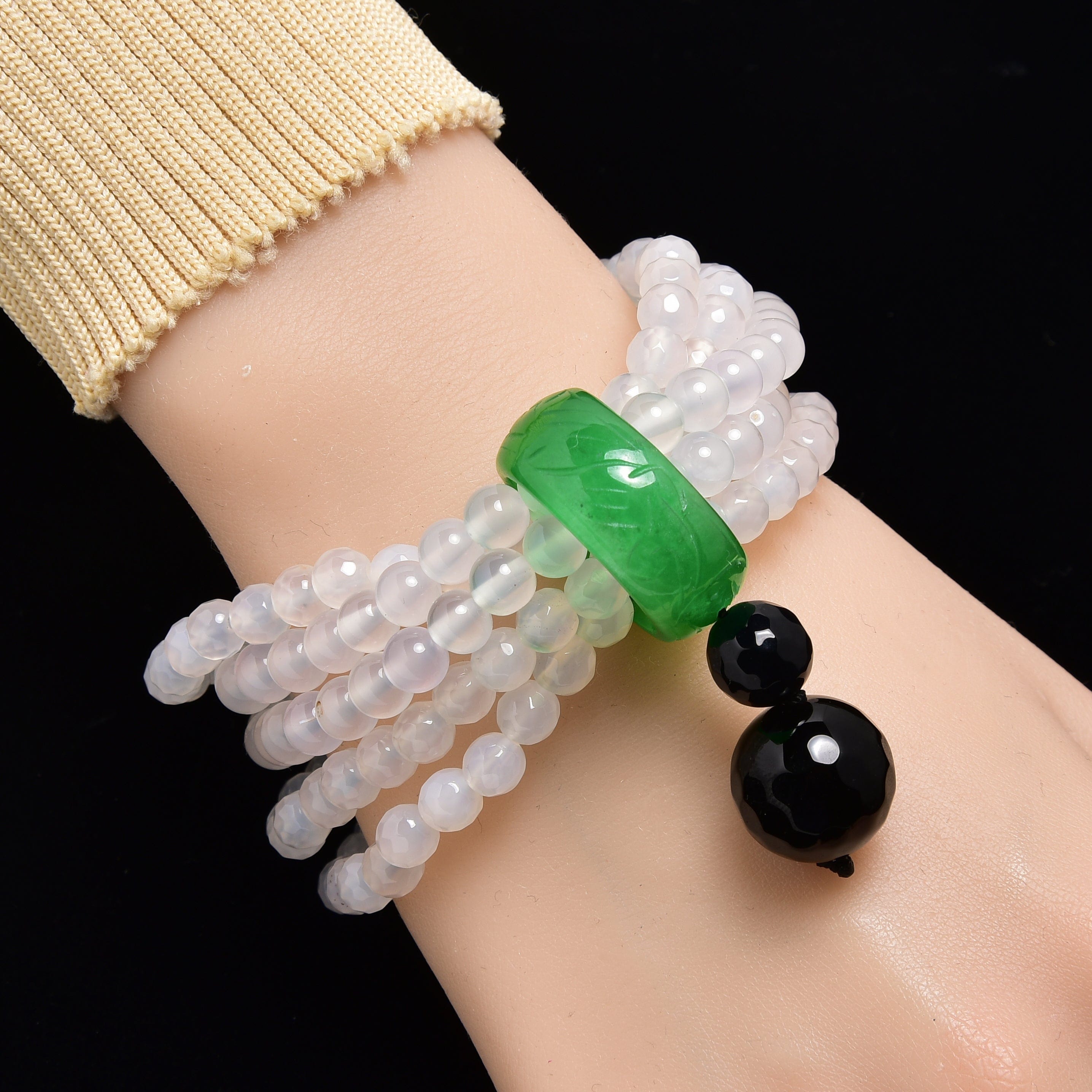 Kalifano Gemstone Bracelets Quartz Agate 6mm Beads with Jade Ring Gemstone Elastic Bracelet PLAT-BGP-JRQZ