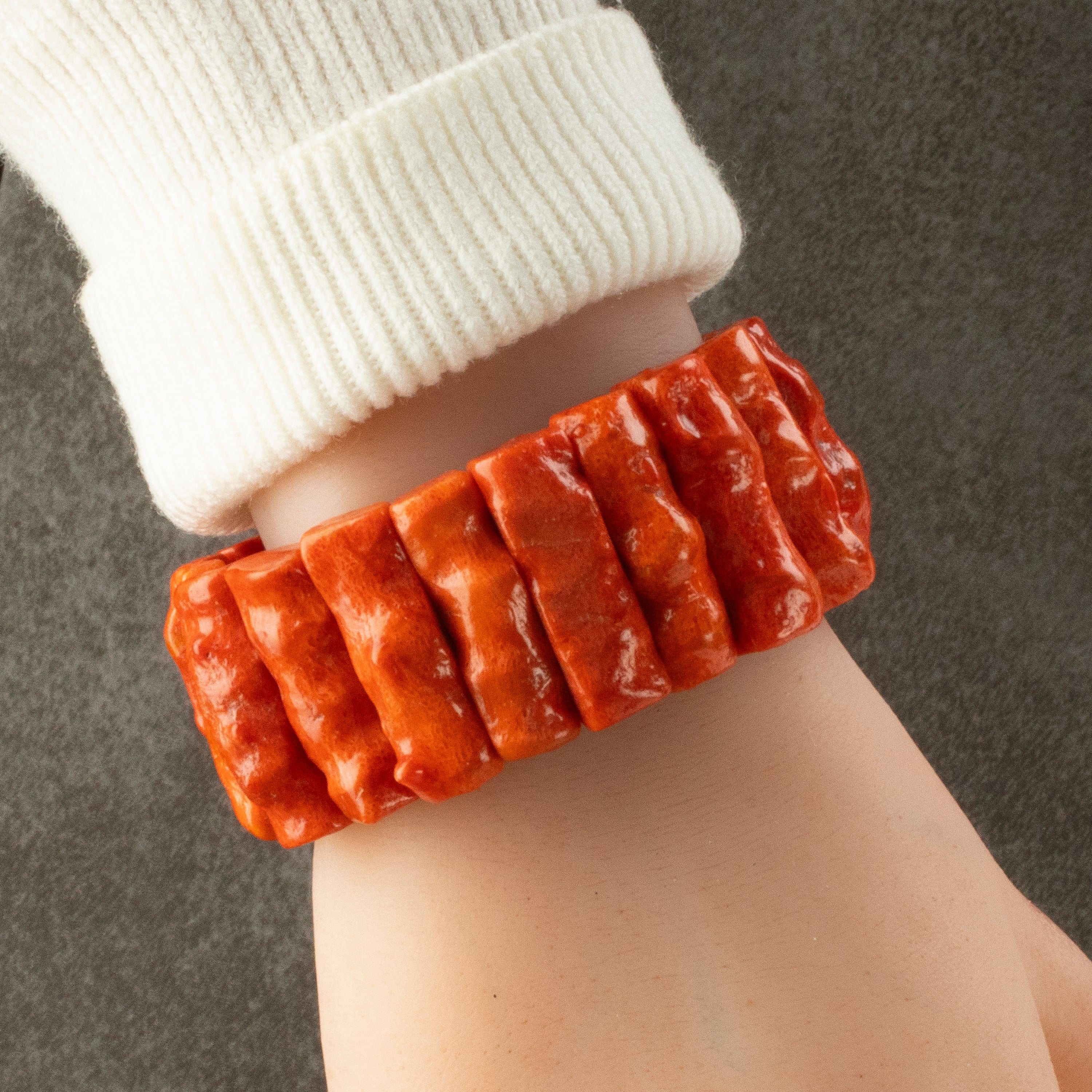 Kalifano Gemstone Bracelets Rectangular Sponge Coral Gemstone Elastic Bracelet RED-BGP-064