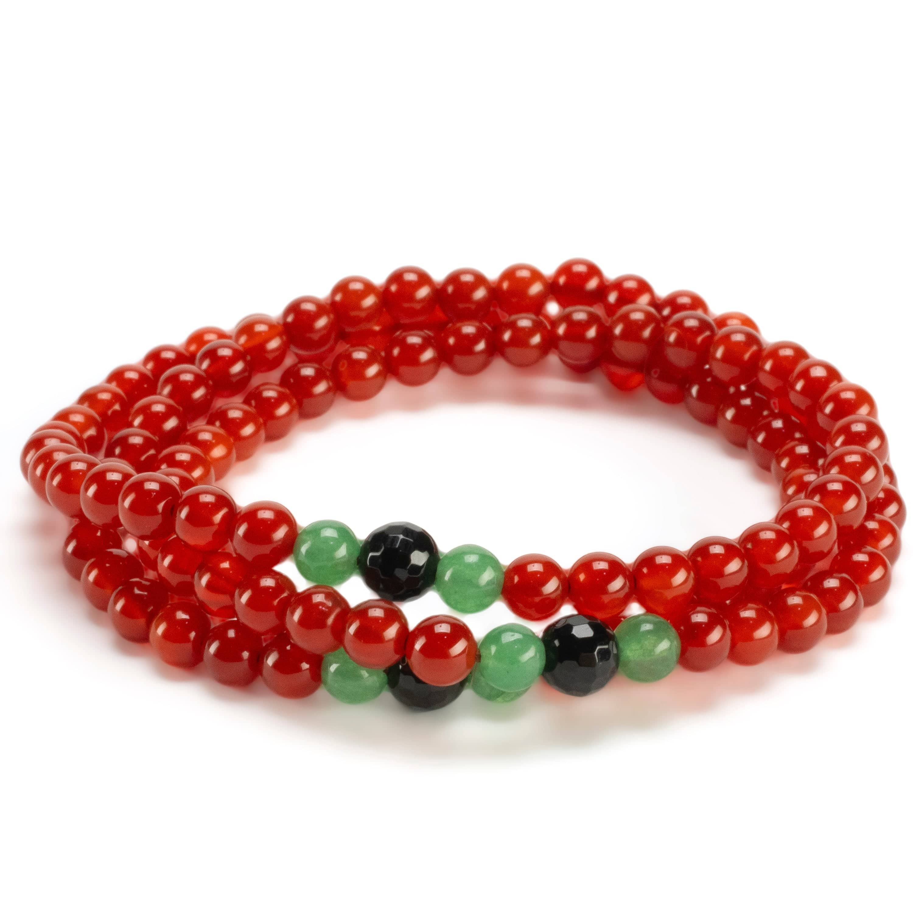 Kalifano Gemstone Bracelets Red Agate 6mm Beads with Aventurine & Black Agate Accent Beads Triple Wrap Gemstone Elastic Bracelet WHITE-BGI3-079