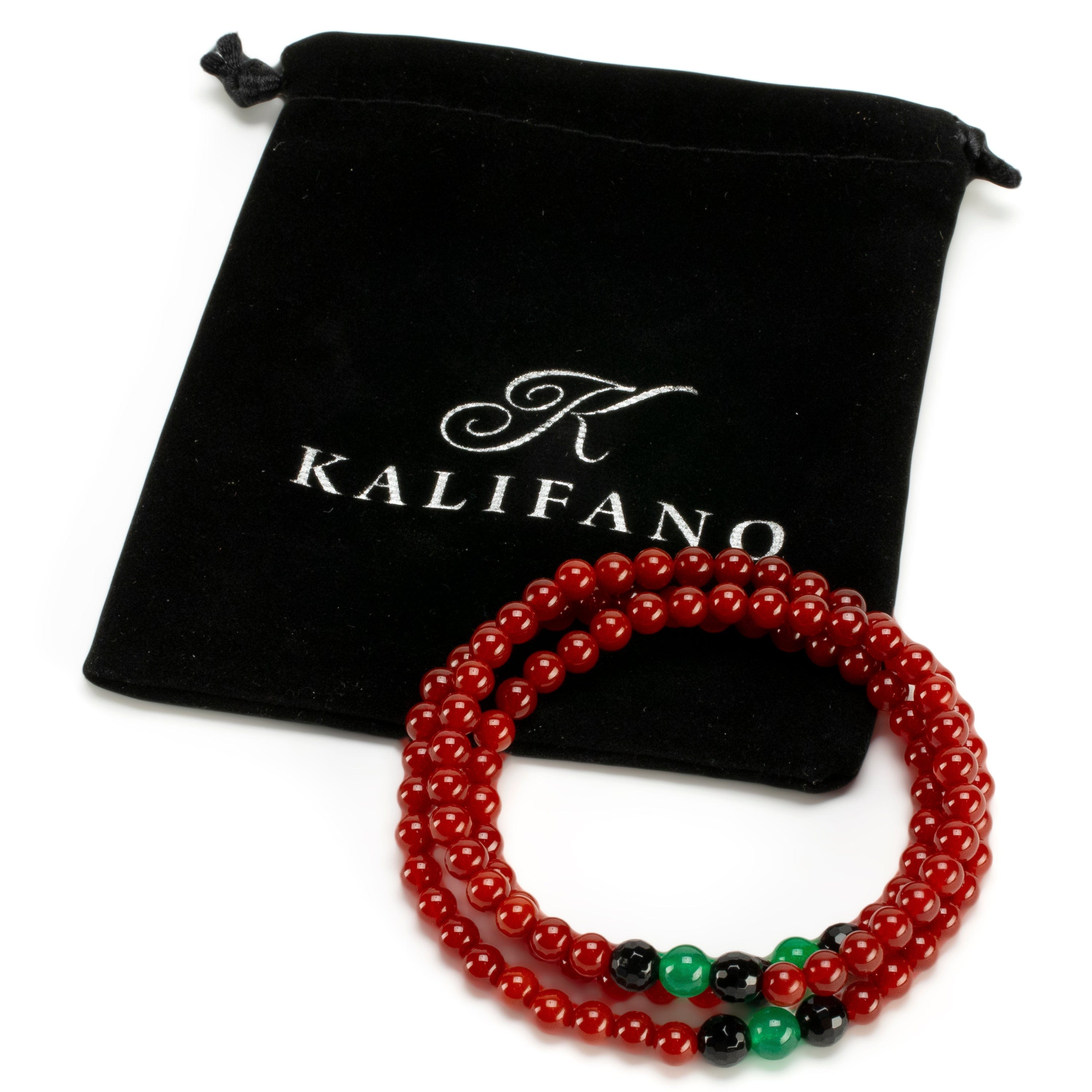 Kalifano Gemstone Bracelets Red Agate 6mm Beads with Black Agate & Aventurine Accent Beads Triple Wrap Gemstone Elastic Bracelet WHITE-BGI3-078