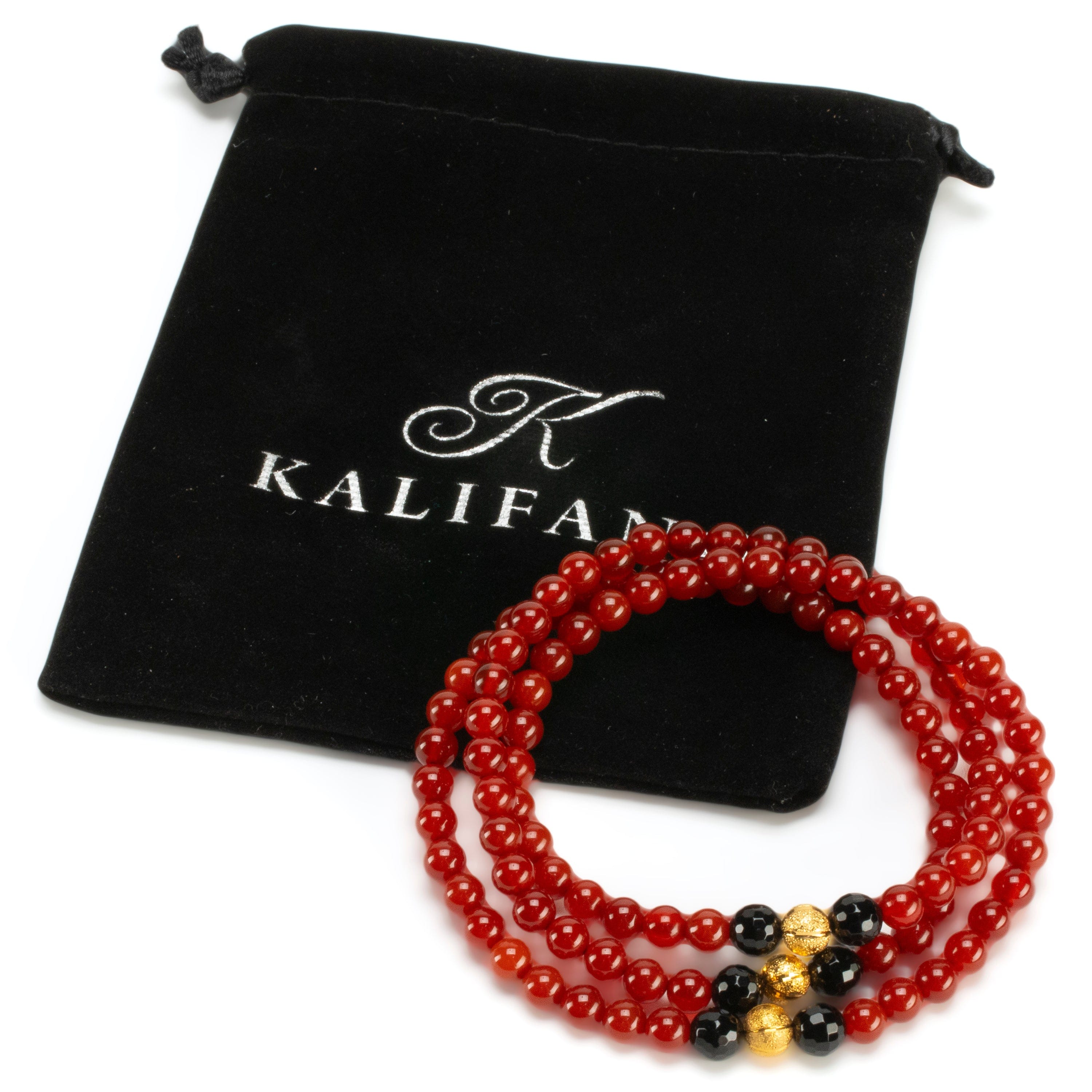 Kalifano Gemstone Bracelets Red Agate 6mm Beads with Black Agate & Gold Accent Beads Triple Wrap Gemstone Elastic Bracelet WHITE-BGI3-080