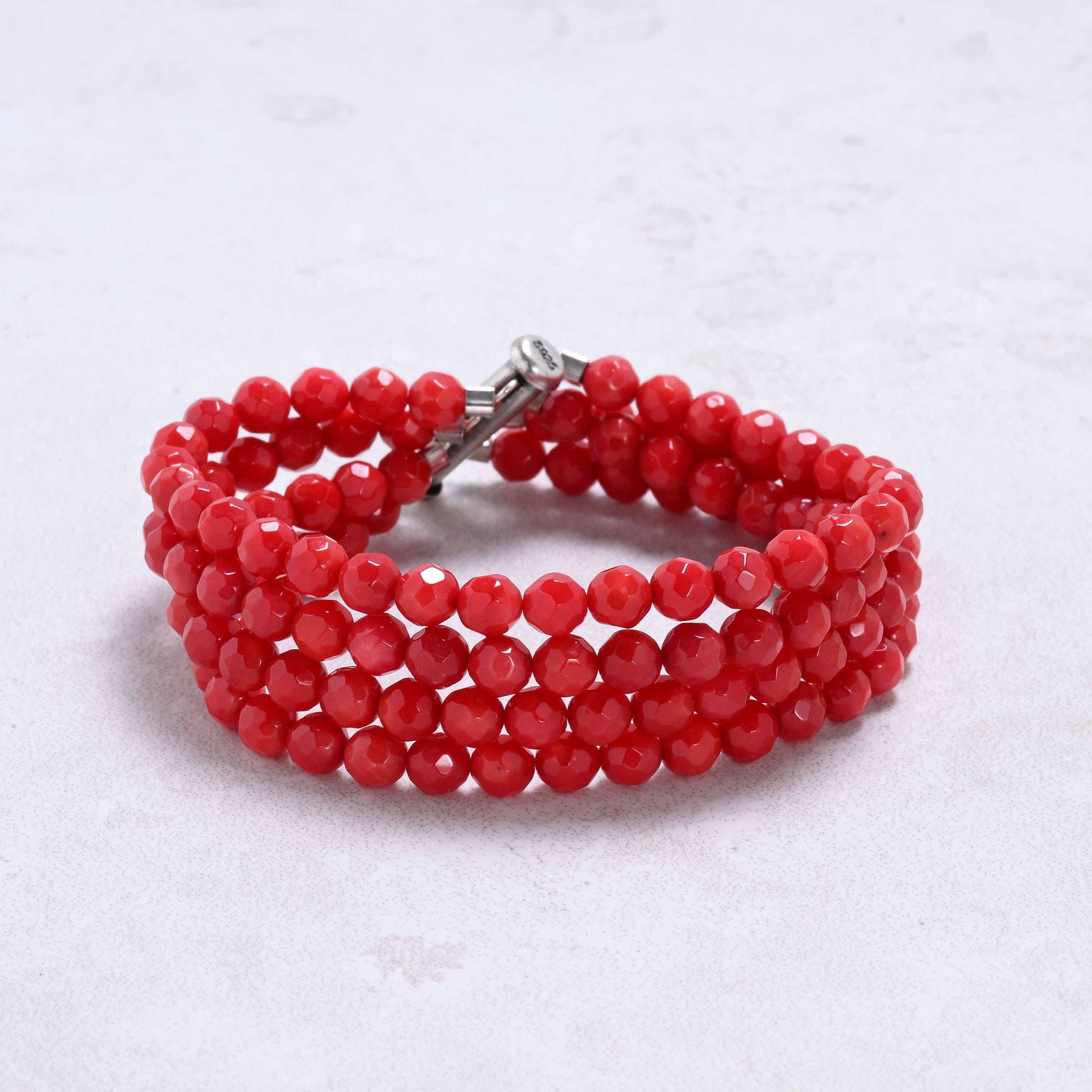Kalifano Gemstone Bracelets Red Coral 5mm Round Gemstone Bracelet with Sterling Silver Clasp