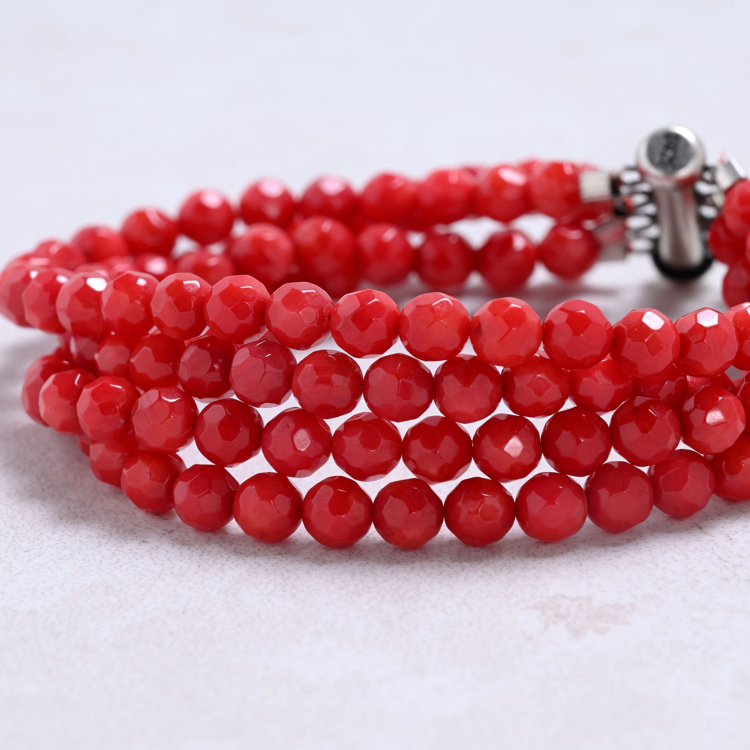 Kalifano Gemstone Bracelets Red Coral 5mm Round Gemstone Bracelet with Sterling Silver Clasp