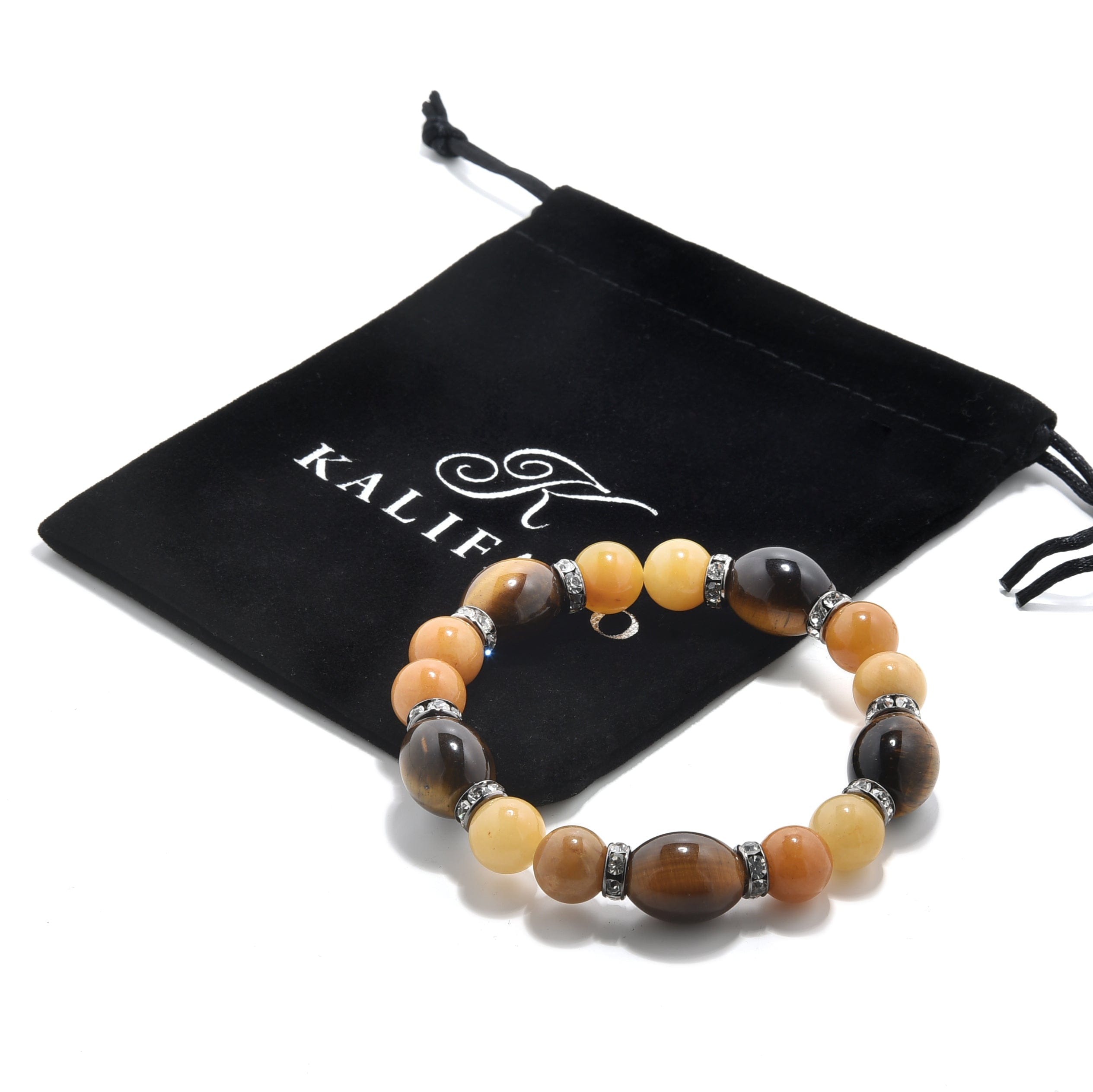 Kalifano Gemstone Bracelets Tiger Eye with Crystal Accent 10mm Beads Gemstone Elastic Bracelet BLUE-BGP-061