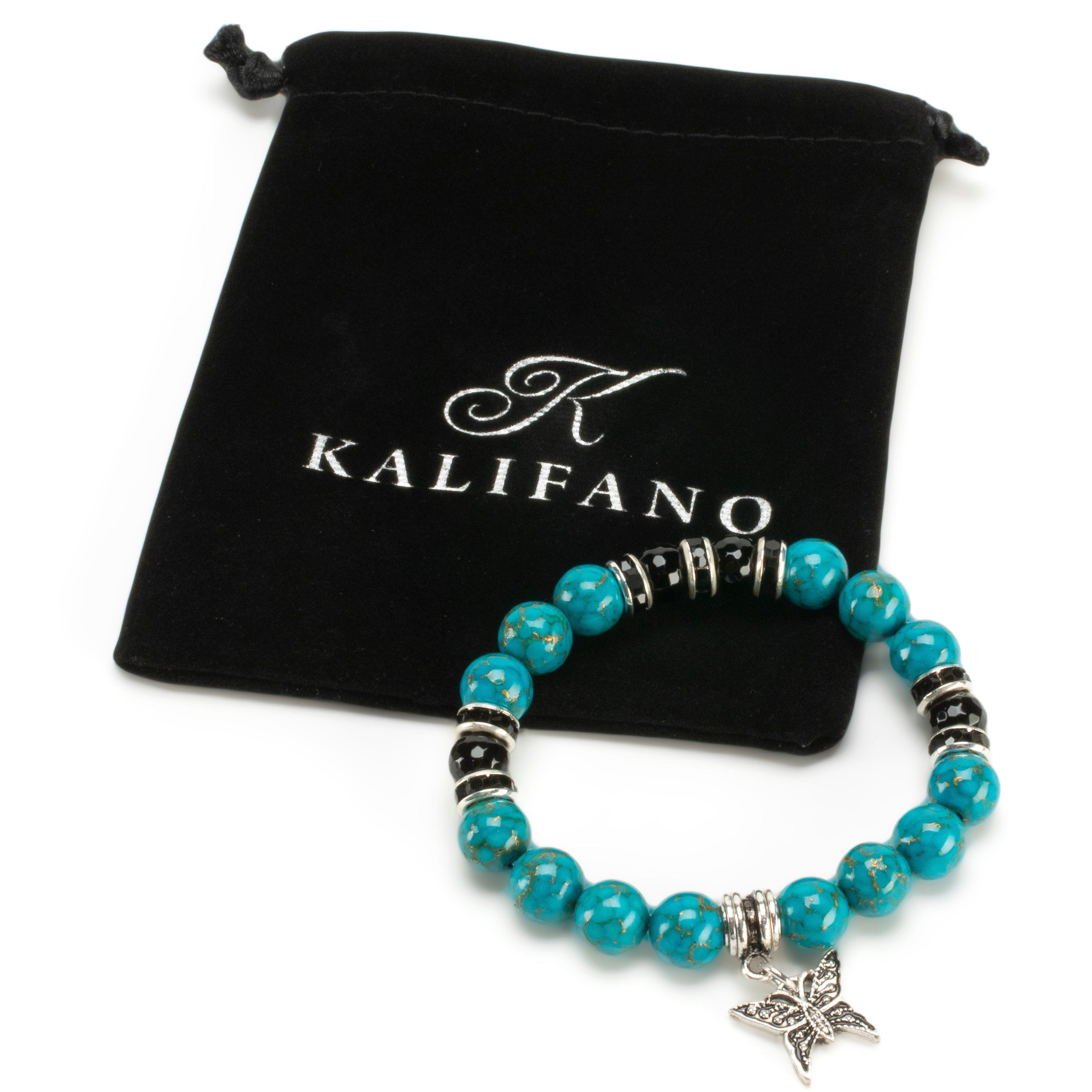 Kalifano Gemstone Bracelets Turquoise 10mm Gemstone Elastic Bead Bracelet with Butterfly Accent Bead RED-BGP-075