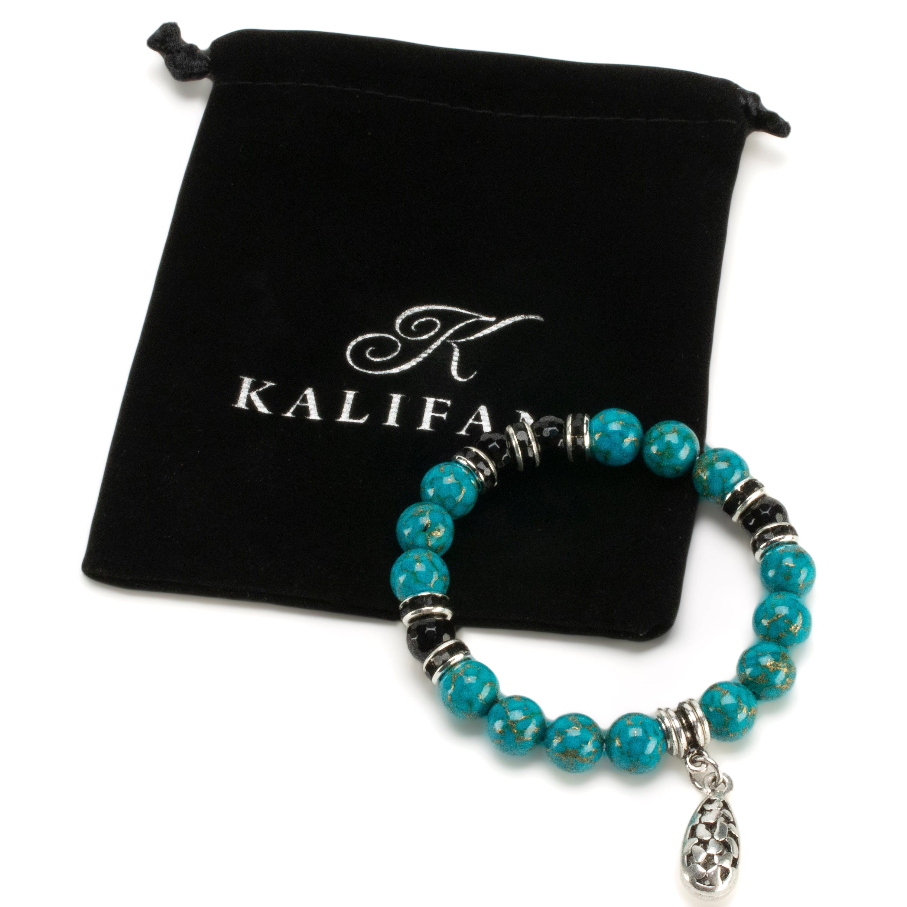Kalifano Gemstone Bracelets Turquoise 10mm Gemstone Elastic Bead Bracelet with Charm & Black Agate Accent Beads RED-BGP-081