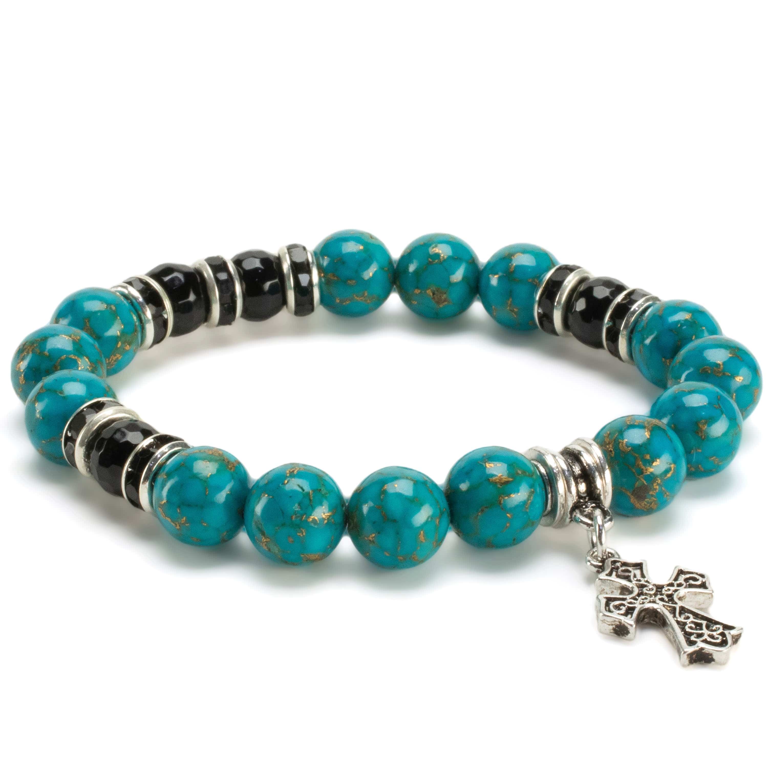 Kalifano Gemstone Bracelets Turquoise 10mm Gemstone Elastic Bead Bracelet with Cross Charm & Black Agate Accent Beads RED-BGP-078