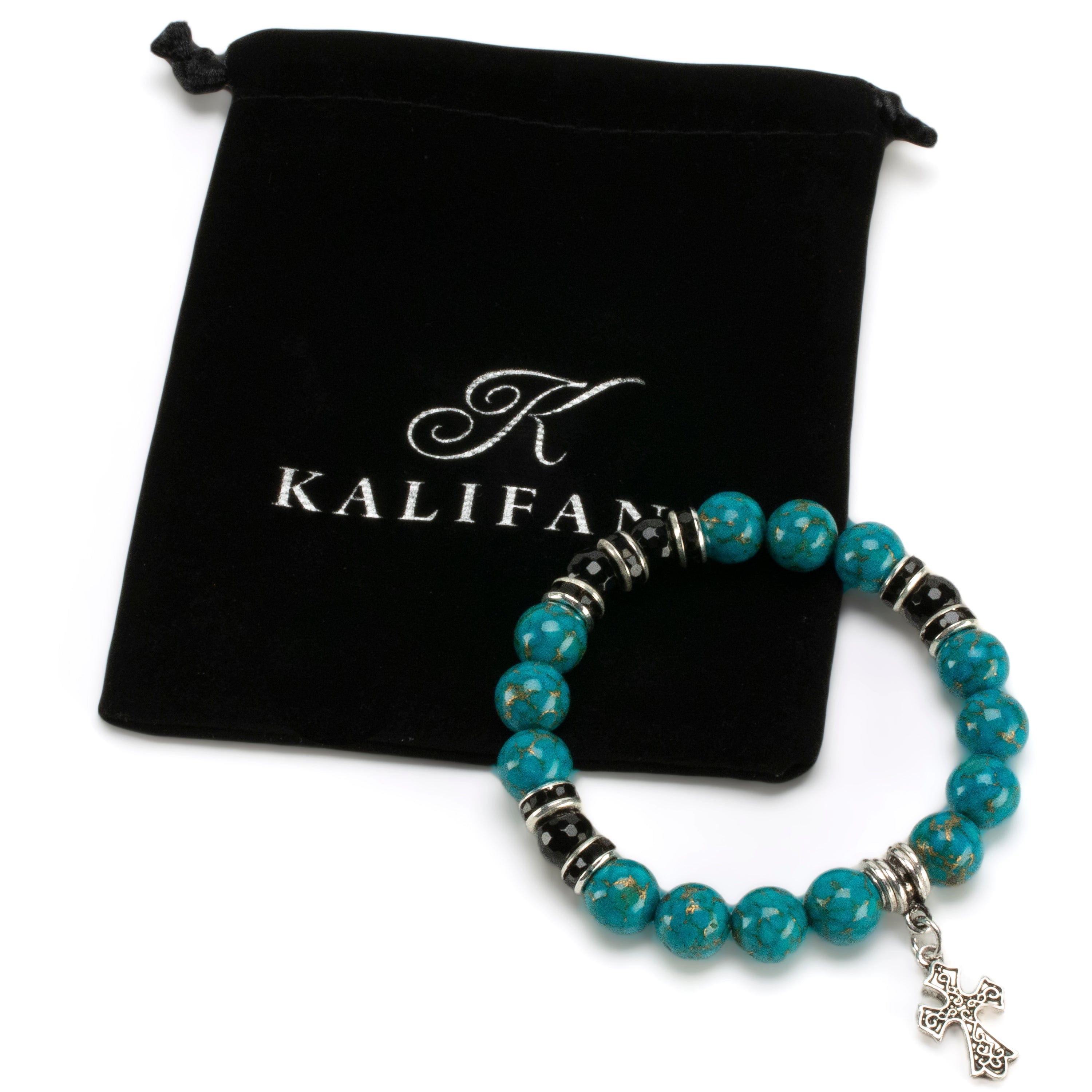 Kalifano Gemstone Bracelets Turquoise 10mm Gemstone Elastic Bead Bracelet with Cross Charm & Black Agate Accent Beads RED-BGP-078
