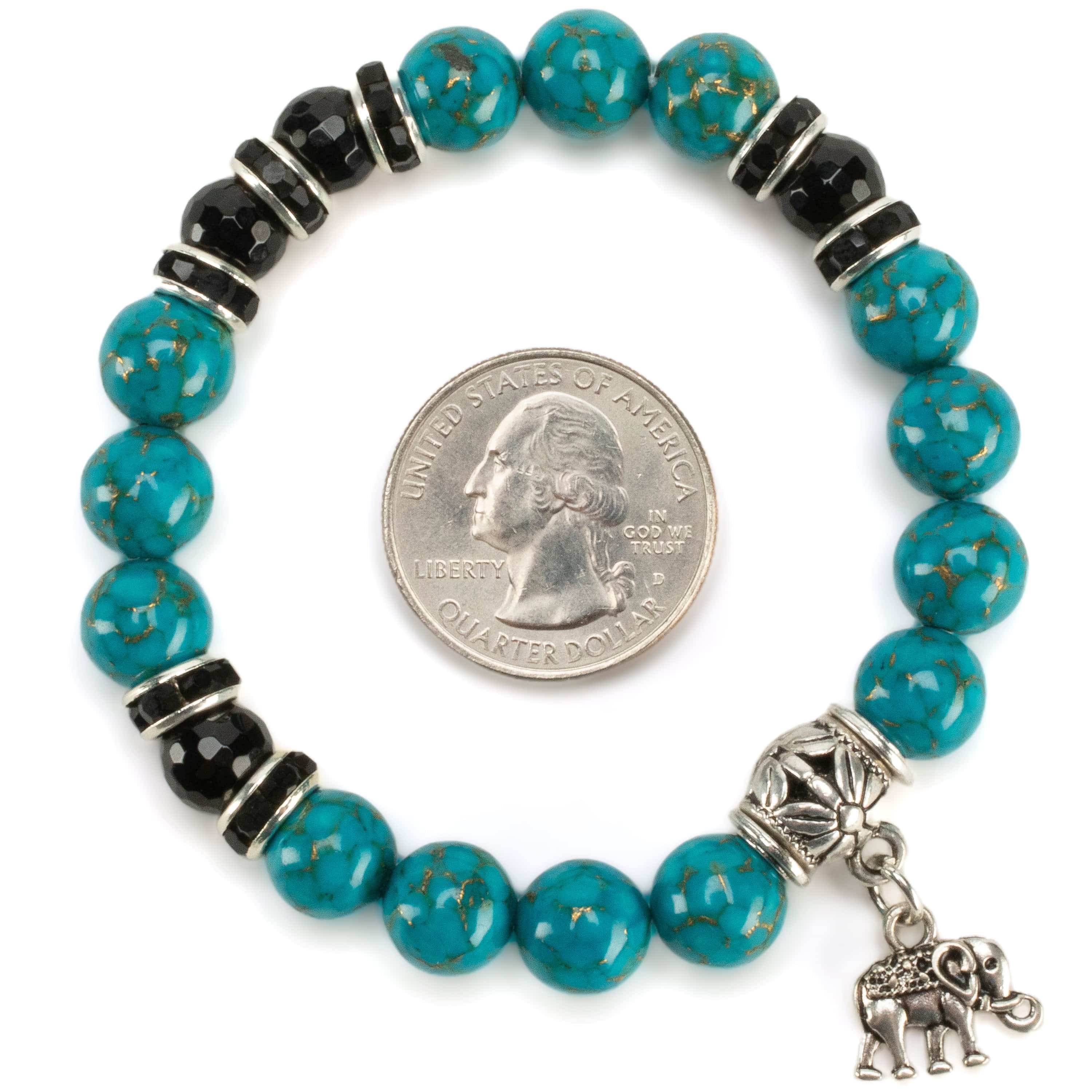 Kalifano Gemstone Bracelets Turquoise 10mm Gemstone Elastic Bead Bracelet with Elephant Accent Bead RED-BGP-074