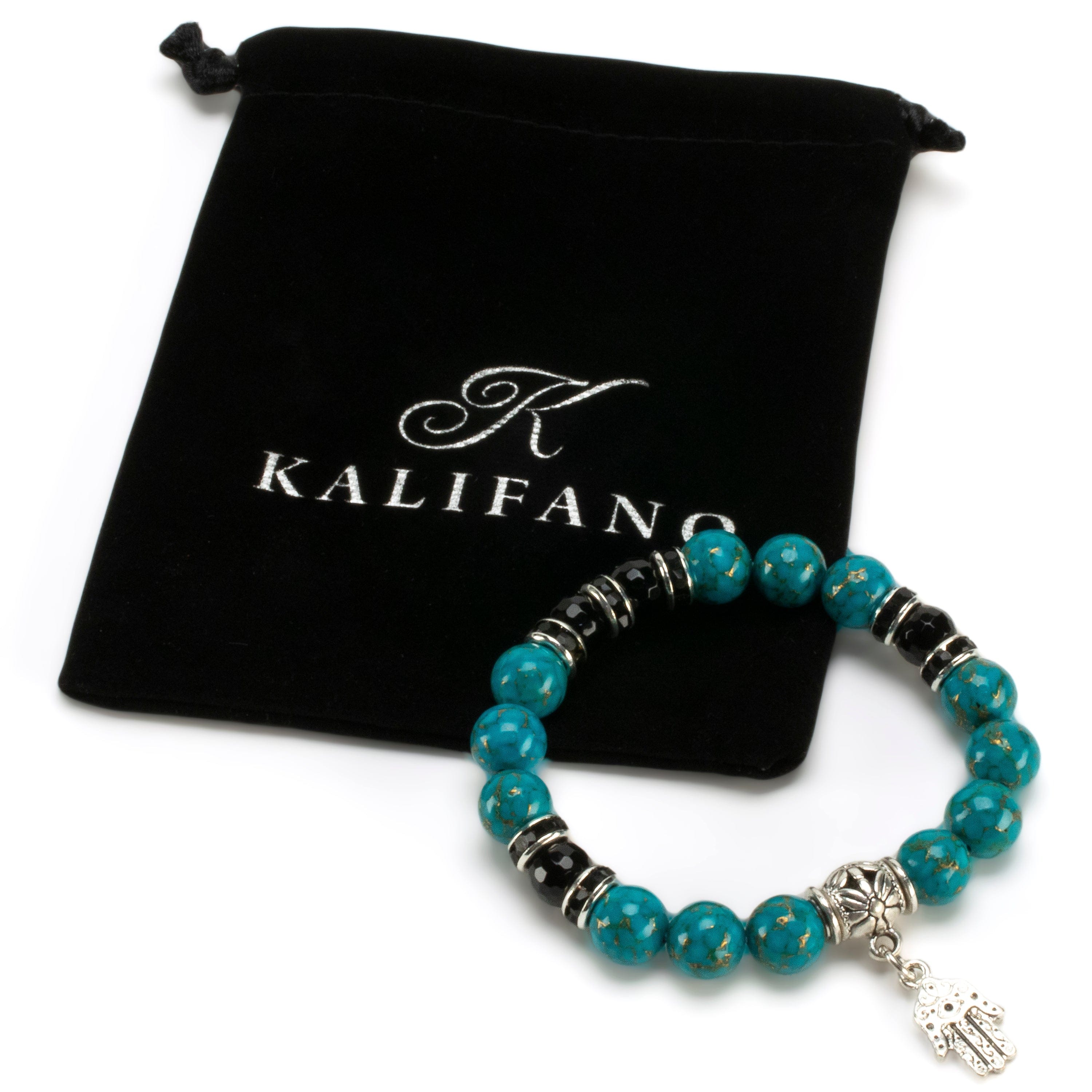 Kalifano Gemstone Bracelets Turquoise 10mm Gemstone Elastic Bead Bracelet with Hamsa Charm & Black Agate Accent Beads RED-BGP-080