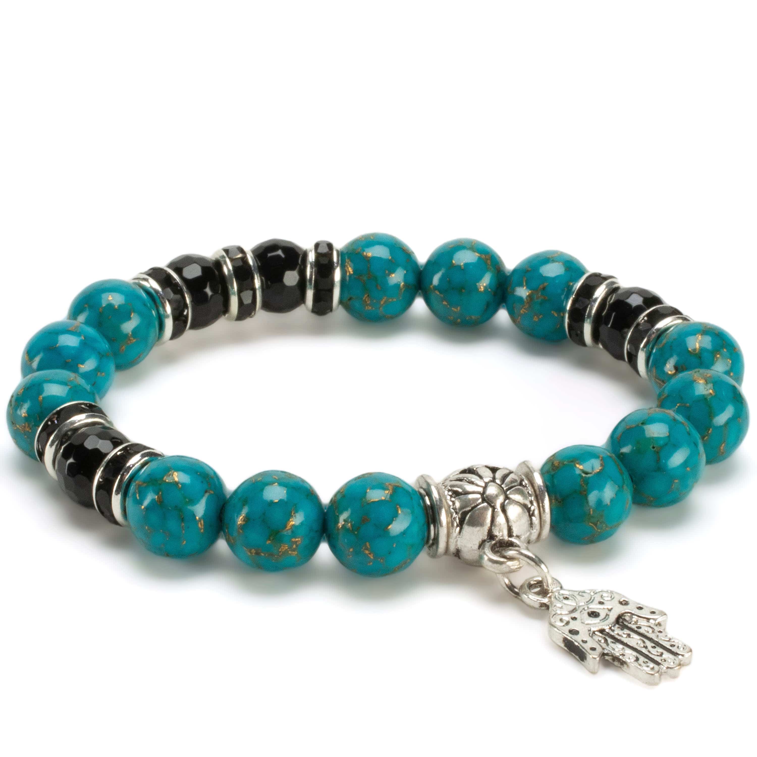 Kalifano Gemstone Bracelets Turquoise 10mm Gemstone Elastic Bead Bracelet with Hamsa Charm & Black Agate Accent Beads RED-BGP-080